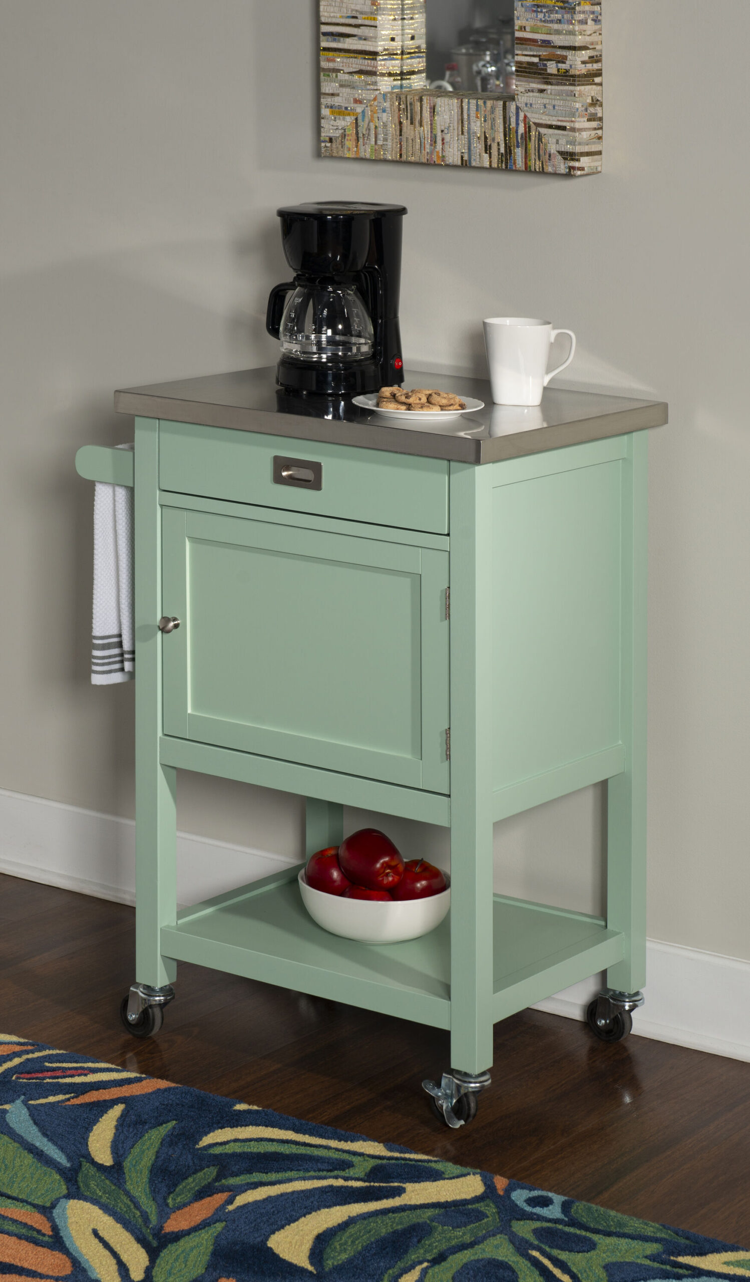 Linon Green Wood Base with Stainless Steel Metal Top Rolling Kitchen Cart (22-in x 18-in x 36-in)