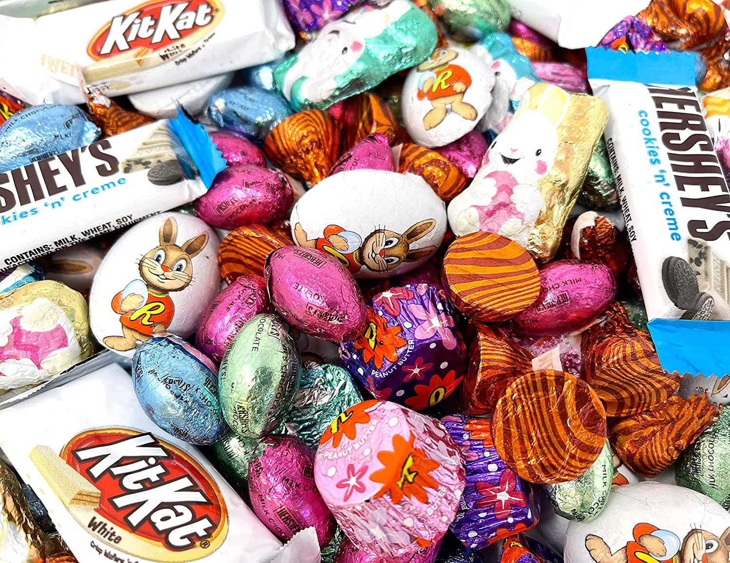 Easter Chocolate Candy Assortment Eggs. Bunnies. KITKAT Bars. HERSHEY-S KISSES. COOKIES ‘N- CREME