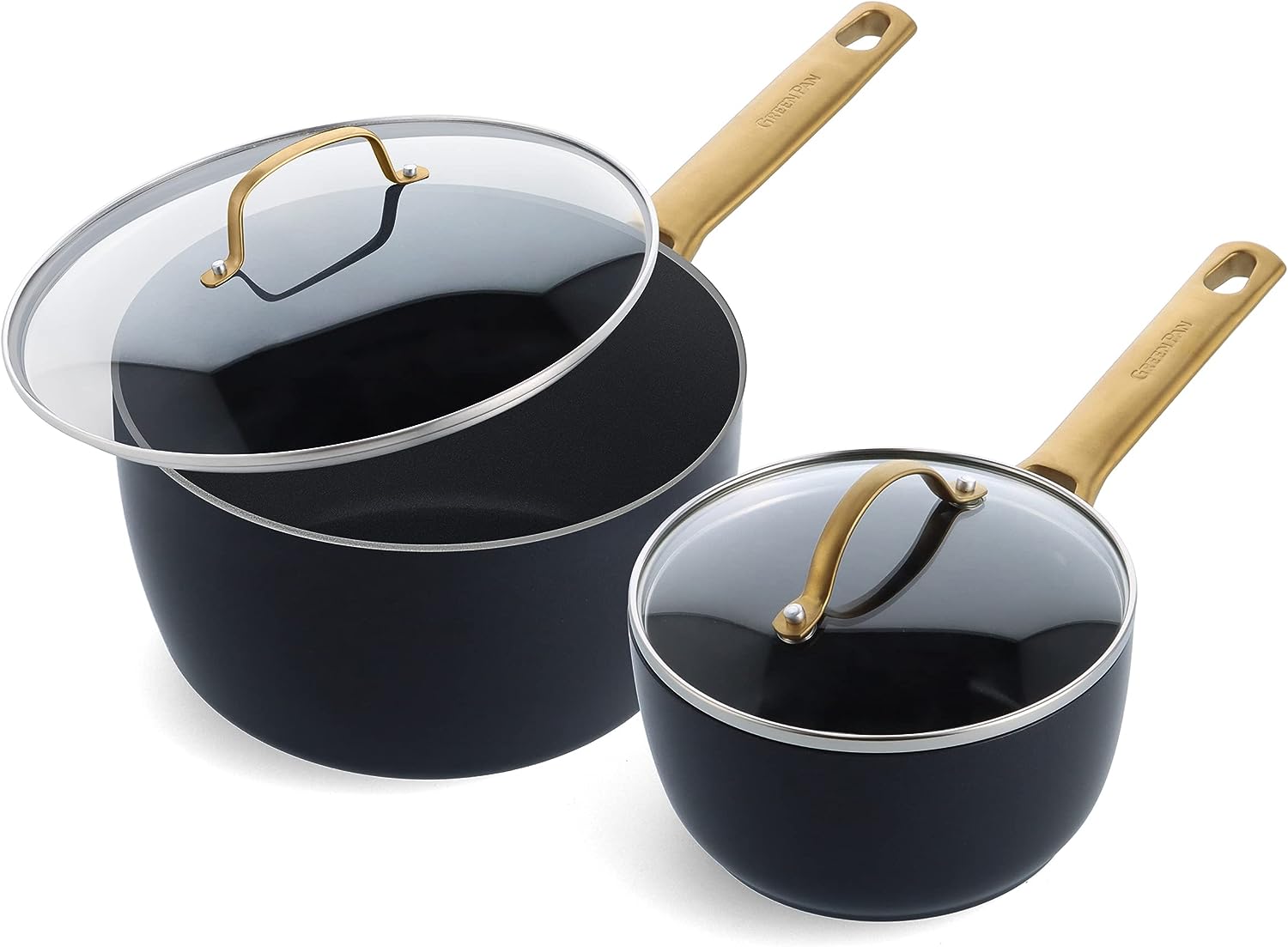 GreenPan Reserve Hard Anodized Healthy Ceramic Nonstick. 1.5QT and 3QT Saucepan Pot Set with Lids. Gold Handle. PFAS-Free. Dishwasher Safe. Oven Safe. Black