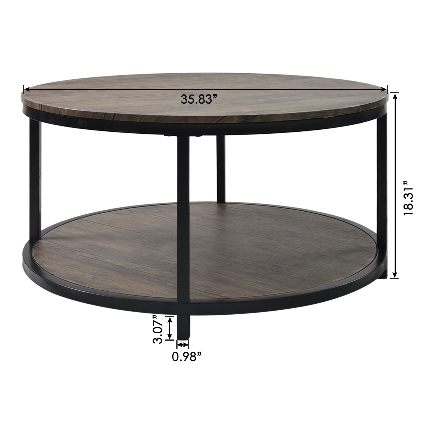 S.Fyronti Modern Round Coffee Tables for Living Room. Wooden Top and Metal Shelf. Grey/Brown/Black