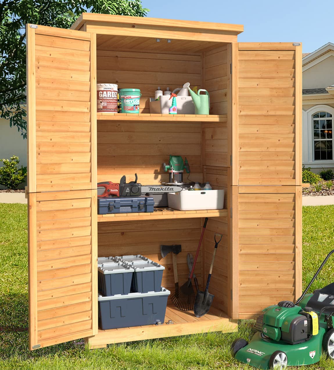 Aiho 63.2″ Outdoor Storage Cabinet with Double Lockable Doors and 3 Removable Shelves - Natural