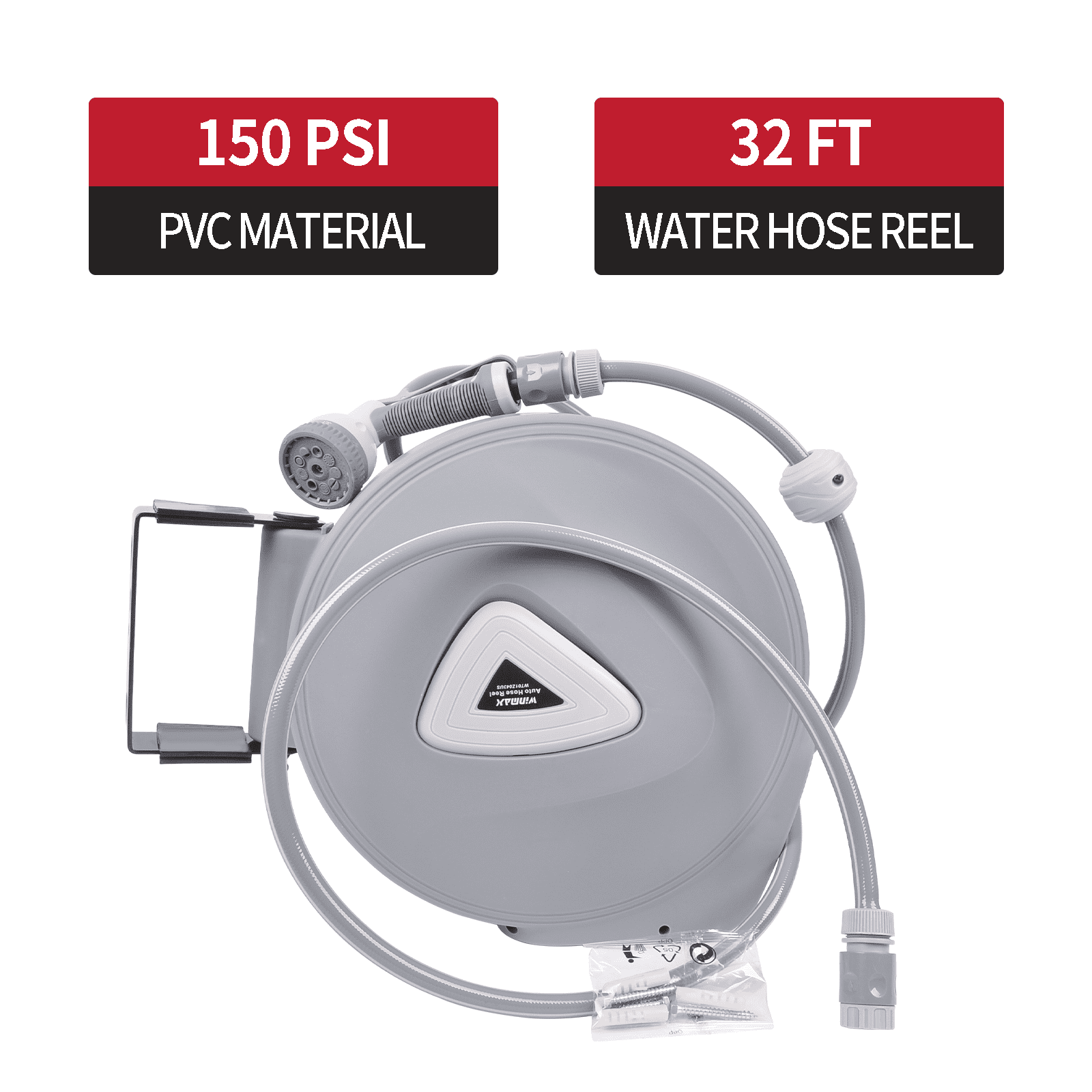 WINMAX AUTOMOTIVE TOOLS 32 ft Retractable Garden Water Hose Reel Spray Gun Rewind Wall Mount