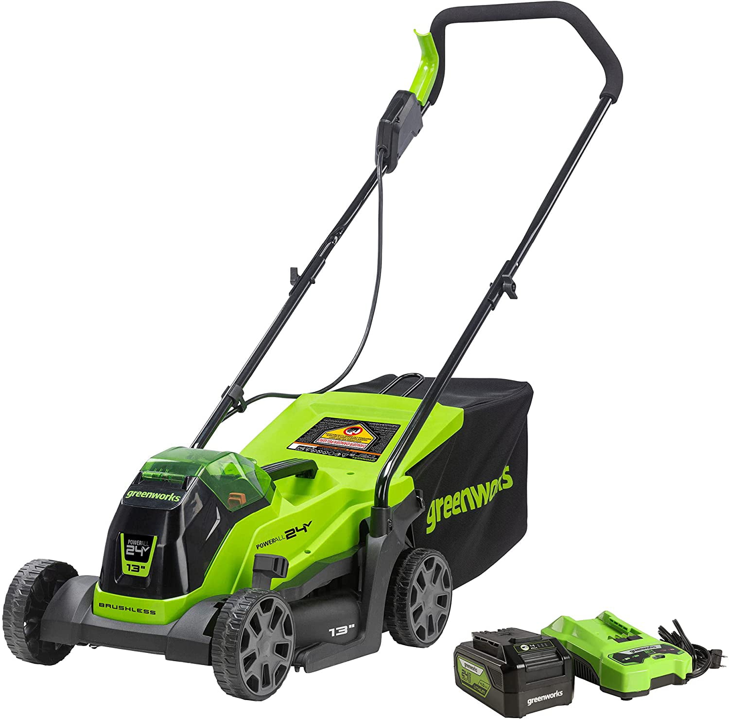 Greenworks 24V 13″ Brushless Lawn Mower. 4Ah USB Battery and Charger Included. 2534402