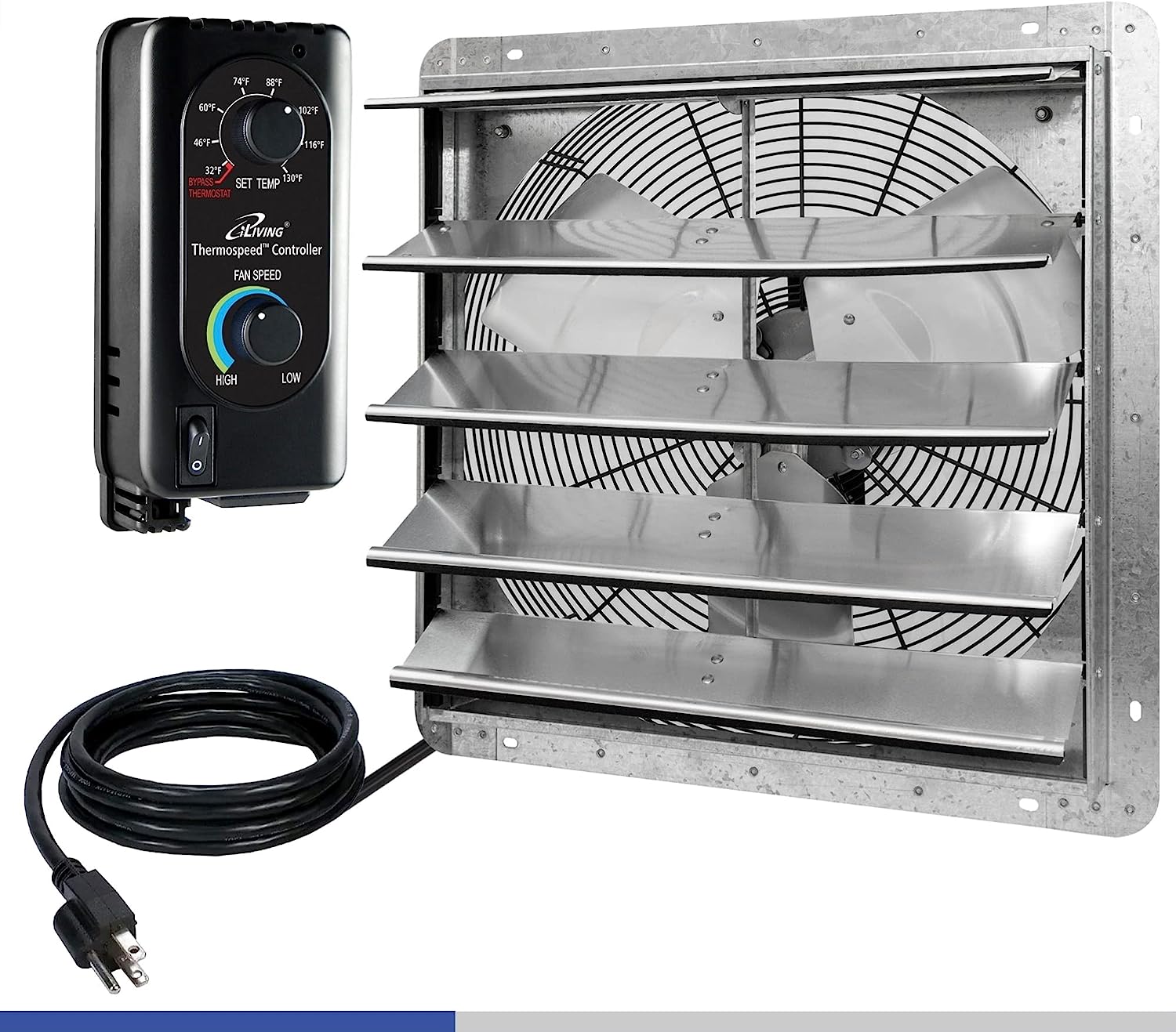 iLIVING 20″ Wall Mounted Shutter Exhaust Fan. Automatic Shutter. with Thermostat and Variable Speed controller. 2.2A. 3368 CFM. 5000 SQF Coverage Area Silver (ILG8SF20V-ST)