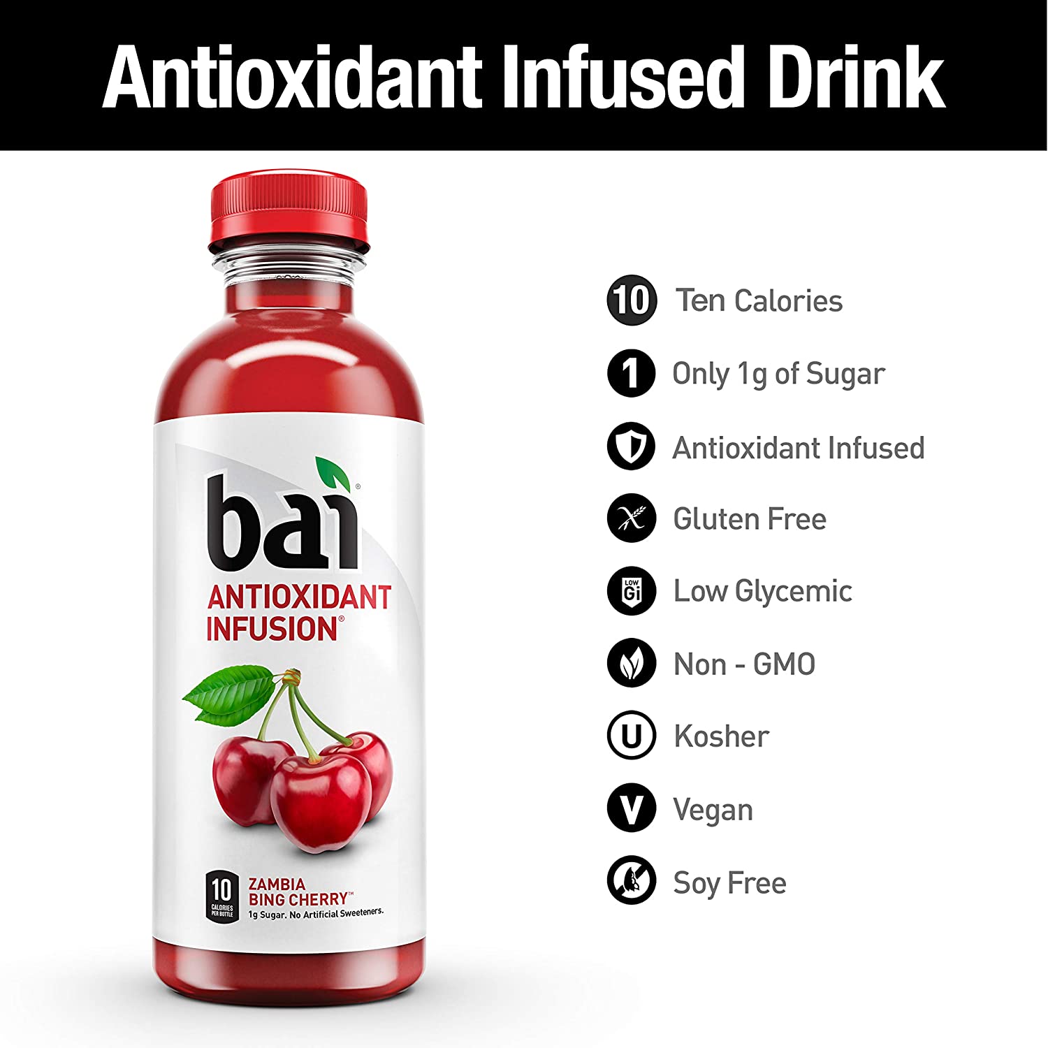 Bai. Zambia Bing Cherry. Antioxidant Infused. 18 Ounce Bottles. 12 Count