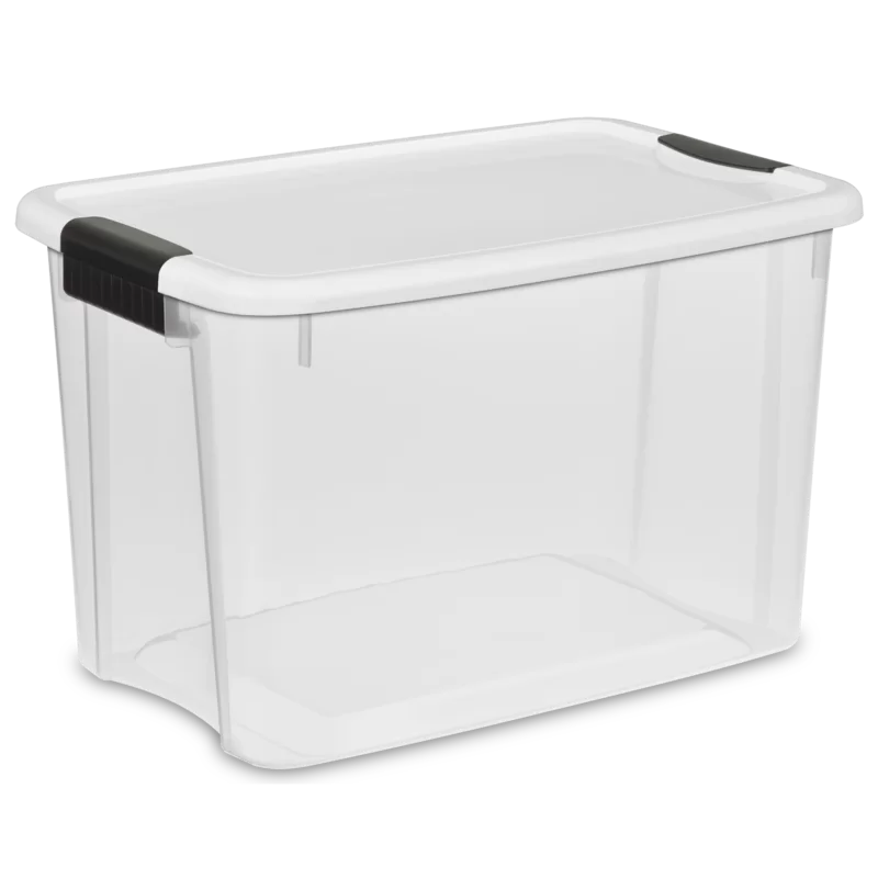Sterilite 19859806. 30 Quart/28 Liter Ultra Latch Box. Clear with a White Lid and Black Latches. 6-Pack