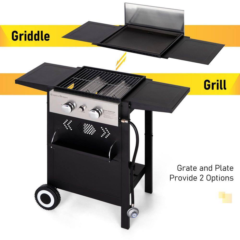 PHI VILLA THD-E02GR010 2 Burner Propane Flat Top Gas Grill and Griddle Combo in Black