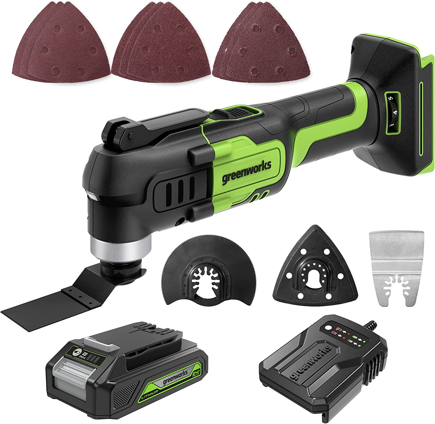 Greenworks 24V Cordless Multi-Tool. Oscillating Tool 18.000 OPM for Cutting/Nailing/Scraping/Sanding with 6 Variable Speed Control. 2.0Ah Battery and Charger
