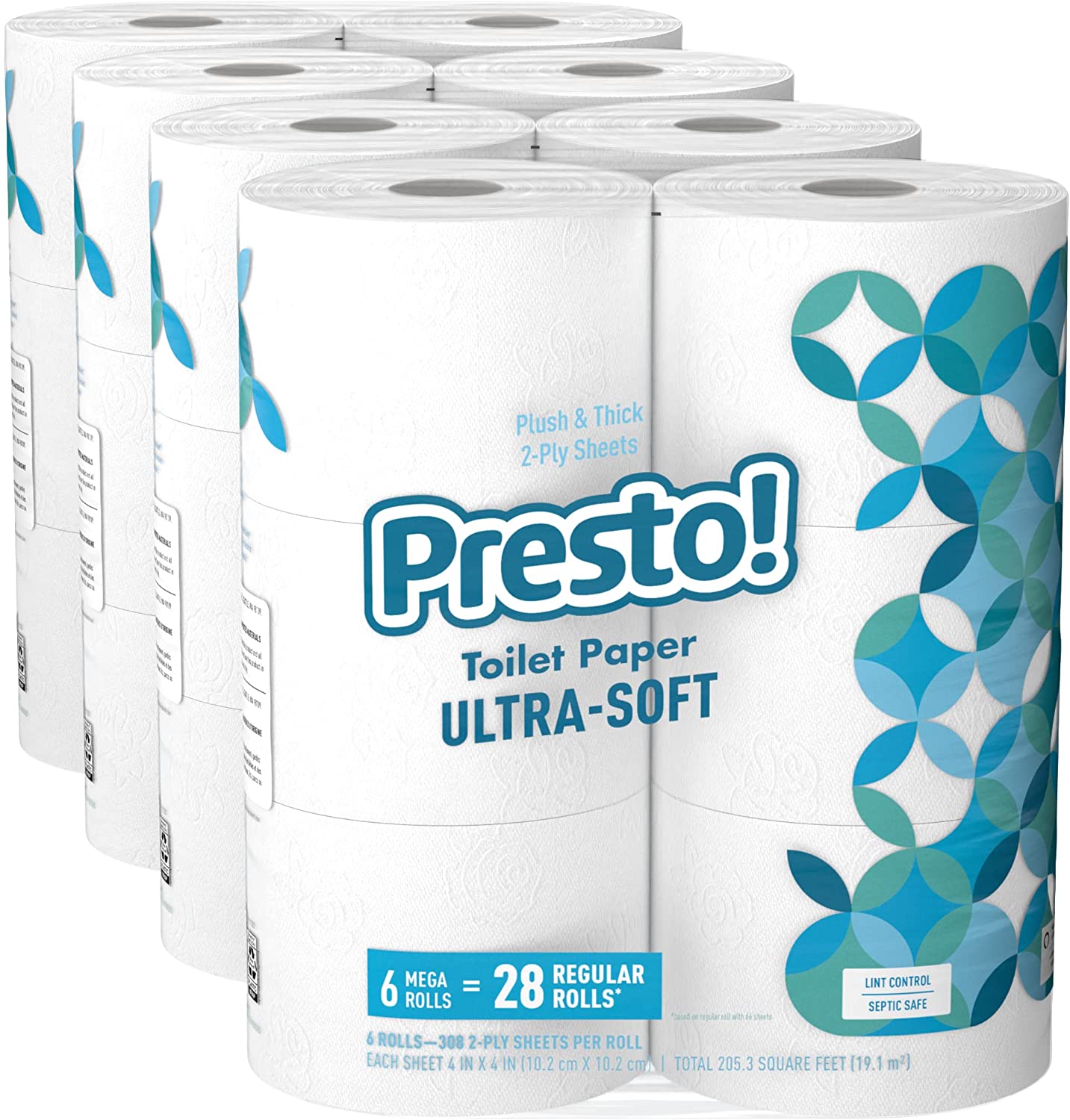 Presto! 308-Sheet Mega Roll Toilet Paper. Ultra-Soft. 6 Count (Pack of 4)
