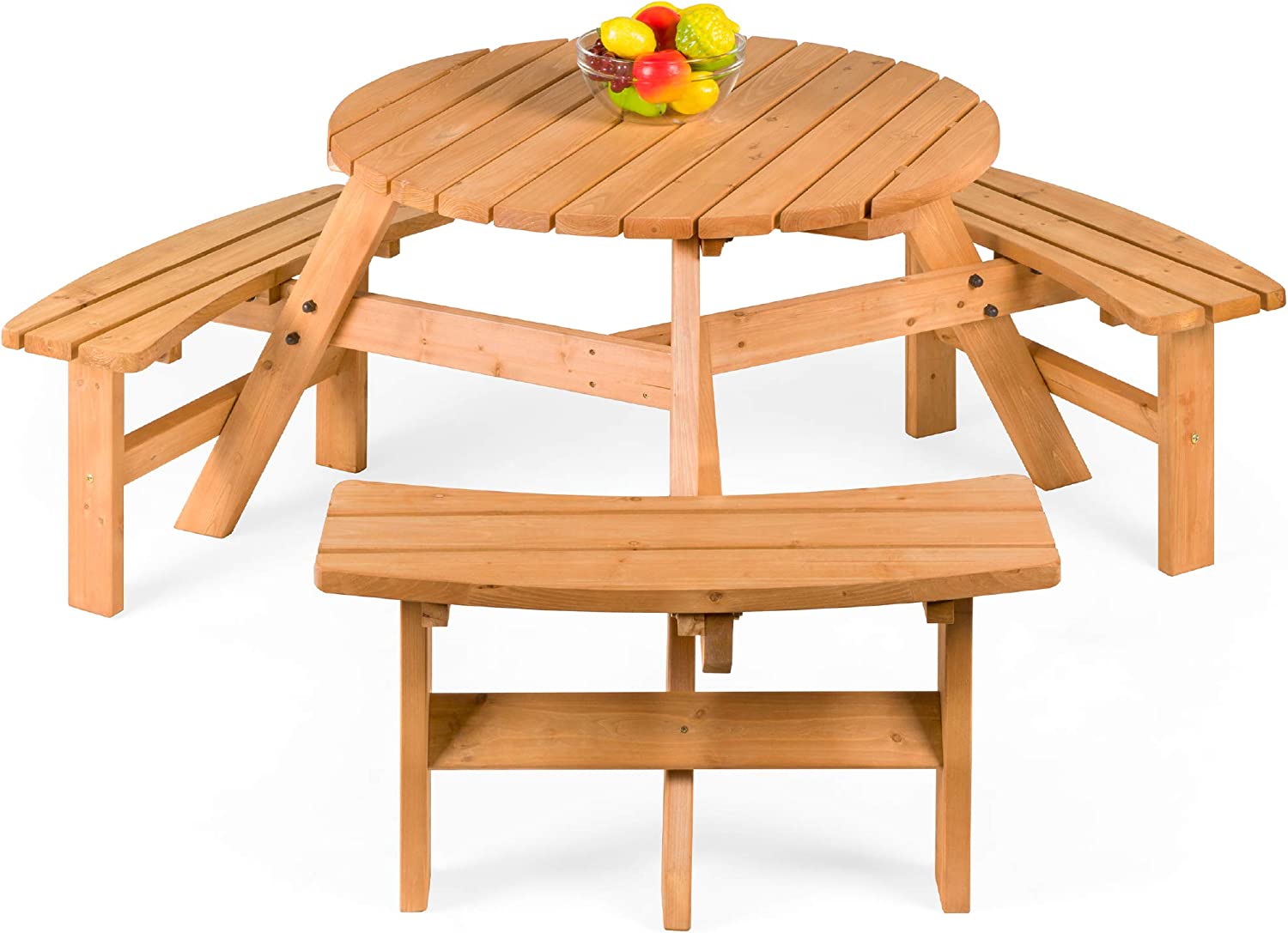 Best Choice Products 6-Person Circular Outdoor Wooden Picnic Table for Patio. Backyard. Garden. DIY w/ 3 Built-in Benches. 500lb Capacity - Natural