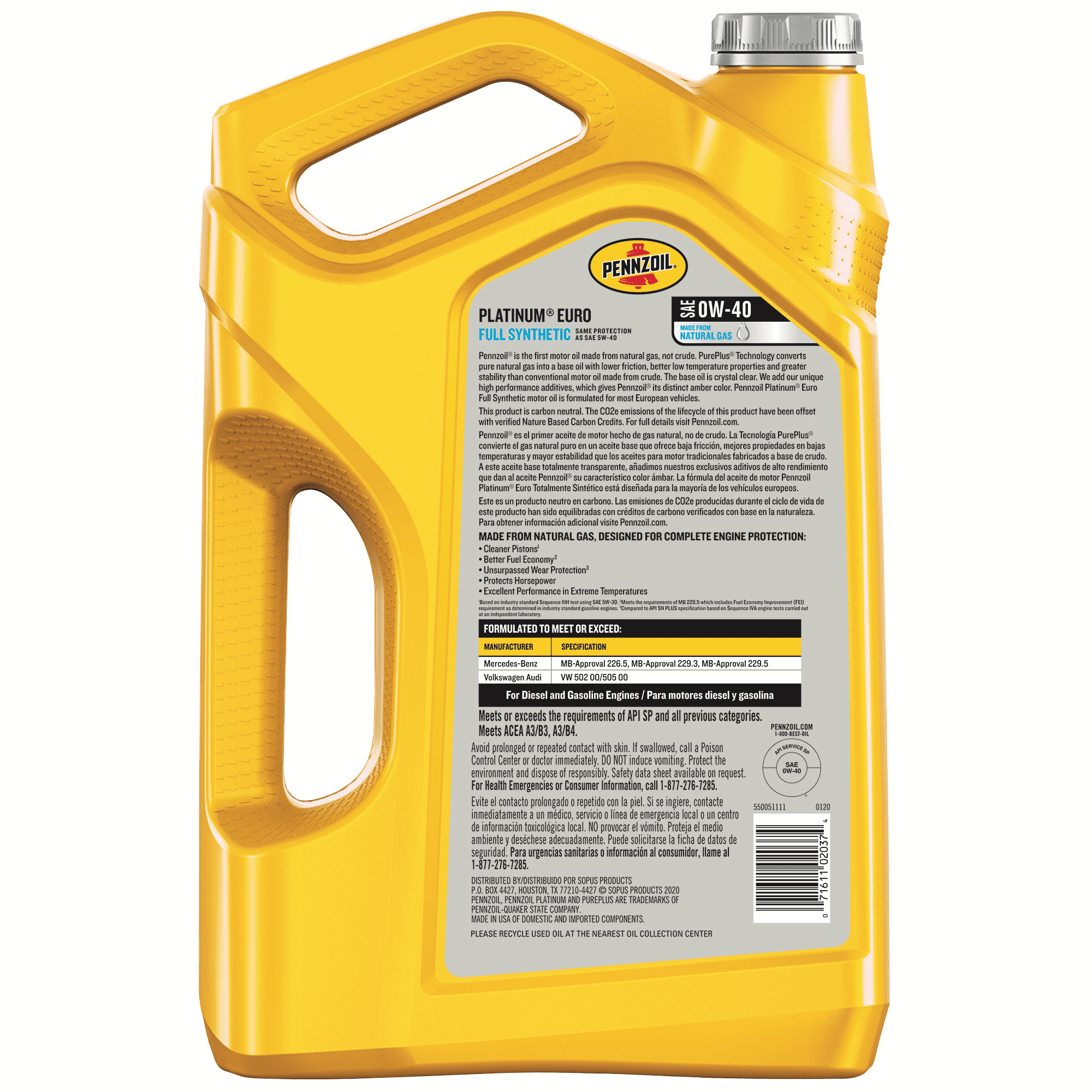 Pennzoil Platinum Euro Full Synthetic 0W-40 Motor Oil. 5 Quart