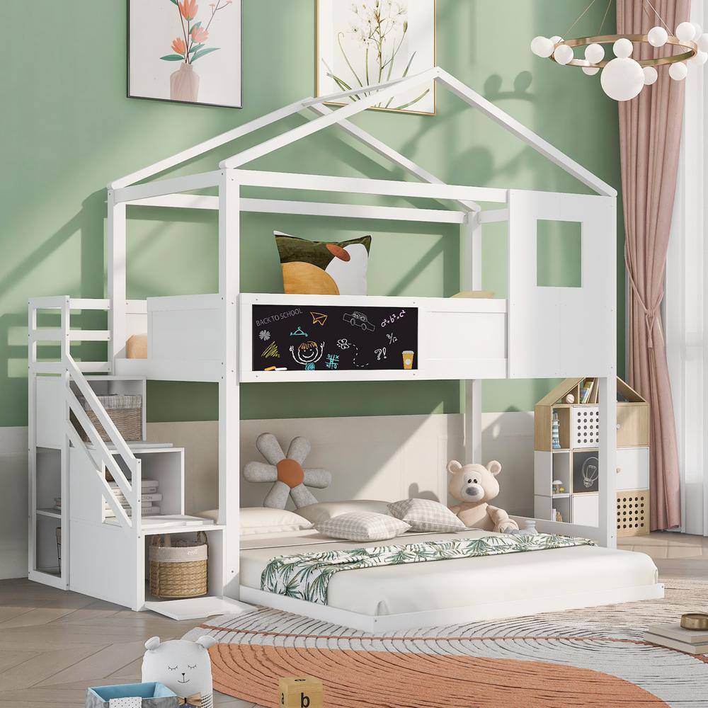 Qualler  White Twin Over Full House Bunk Bed With Storage Staircase and Blackboard