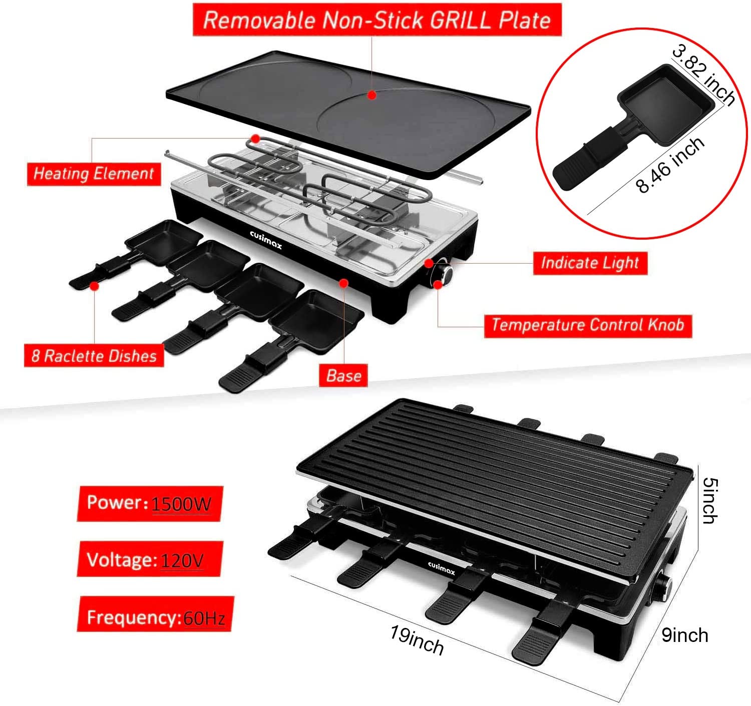 CUSIMAX Raclette Grill Electric Grill Table Portable 2 in 1 Korean BBQ Grill Indoor & Cheese Raclette. Reversible Non-stick plate. Crepe Maker with Adjustable temperature control and 8 Paddles