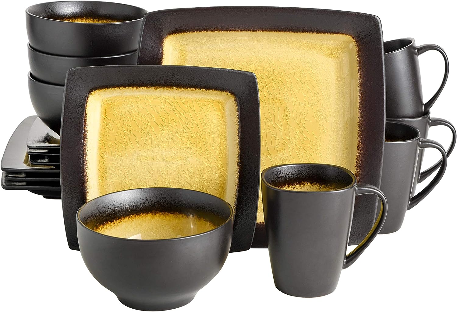 Gibson Elite Ocean Paradise Square Reactive Glaze Stoneware Dinnerware Set. Service for 4 (16pcs). Amber