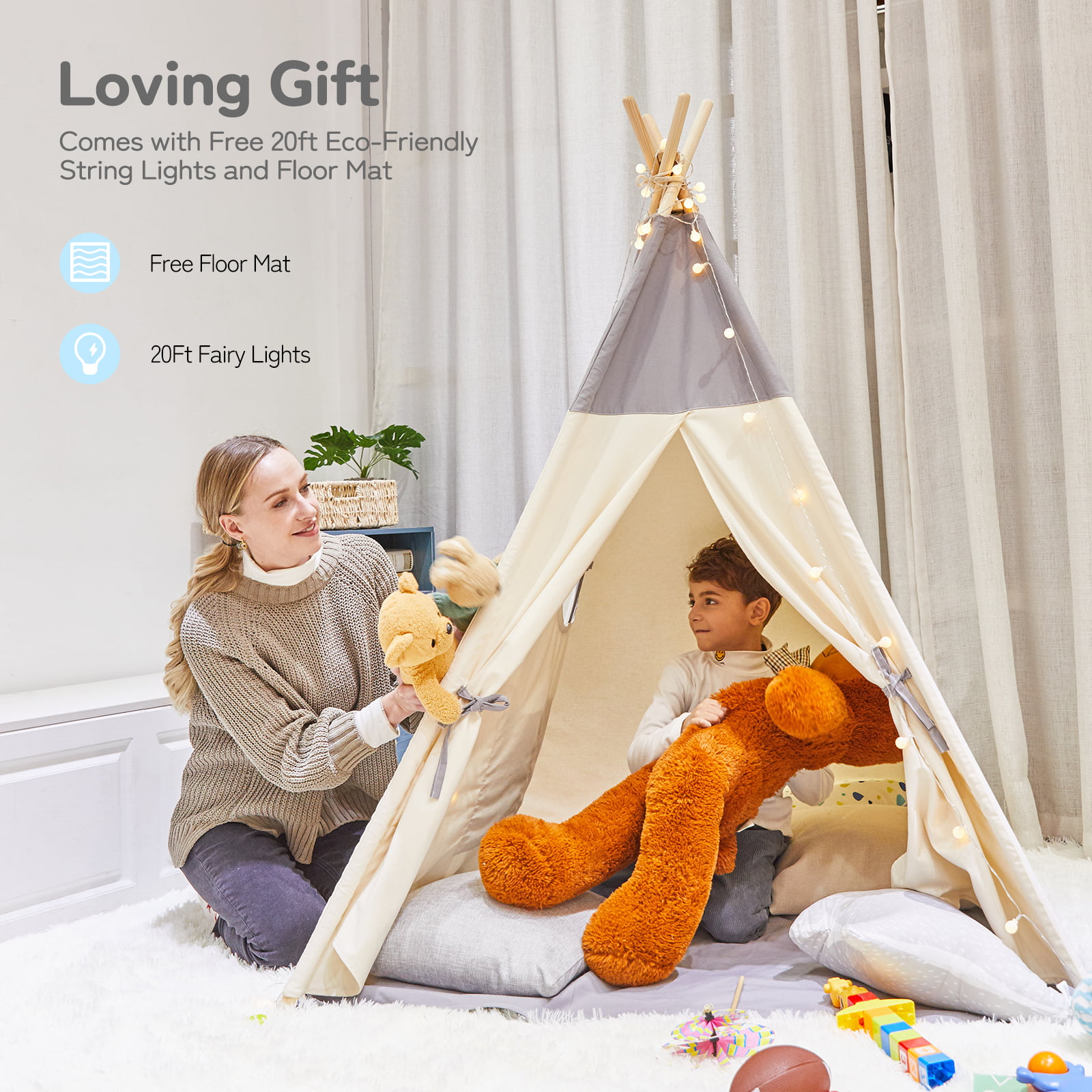 Besrey Kids Teepees Play Tent with Free String Lights & Mat. Portable Canvas Playhouse for Kids Indoor Outdoor Playing