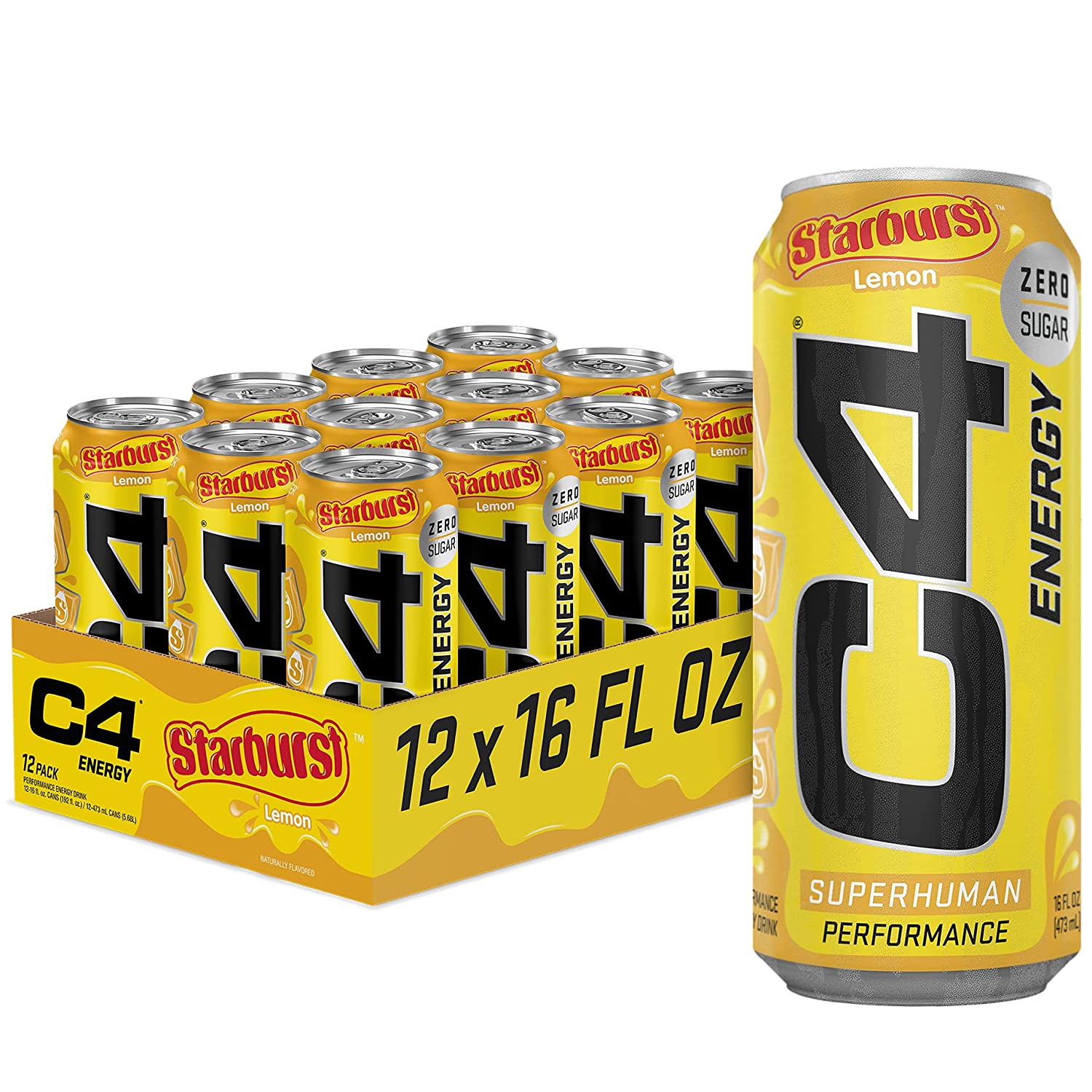 Cellucor C4 Energy Drink. Starburst Lemon. Carbonated Sugar Free  with no Artificial Colors or Dyes. 16 Oz. 12 Count