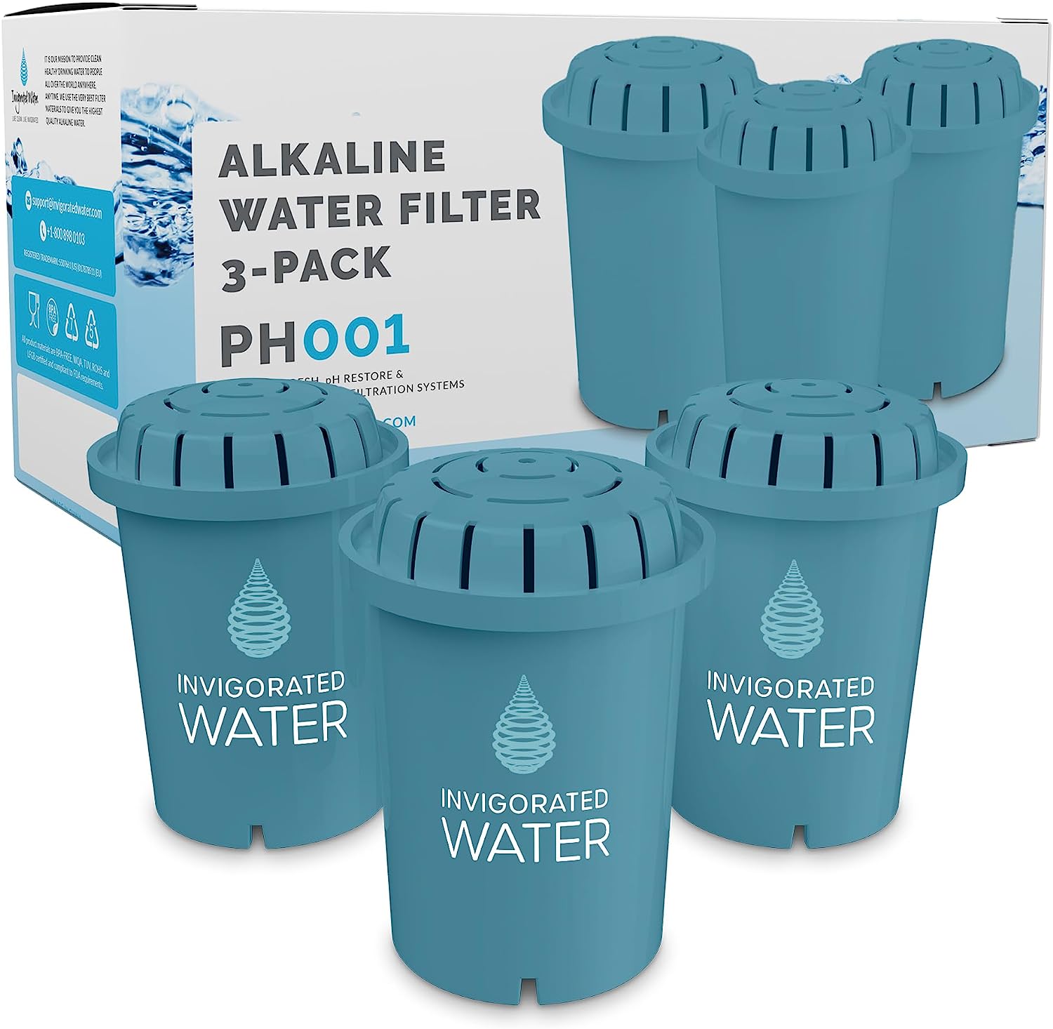 Invigorated Water PH001 - Aqua Alkaline Water Filter – Replacement Water Filter By Invigorated Water – Water Filter Cartridge - For Invigorated Living Pitcher. 96 Gallon Capacity (3 pack)