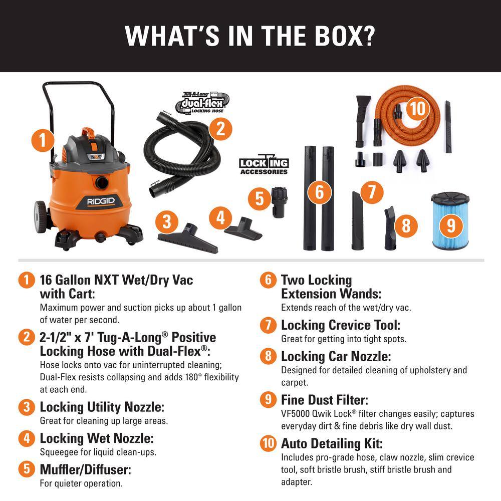 RIDGID HD1800B 16 Gal. 6.5-Peak HP NXT Wet/Dry Shop Vacuum. Fine Dust Filter. Locking Hose. Accessories and Premium Car Cleaning Kit