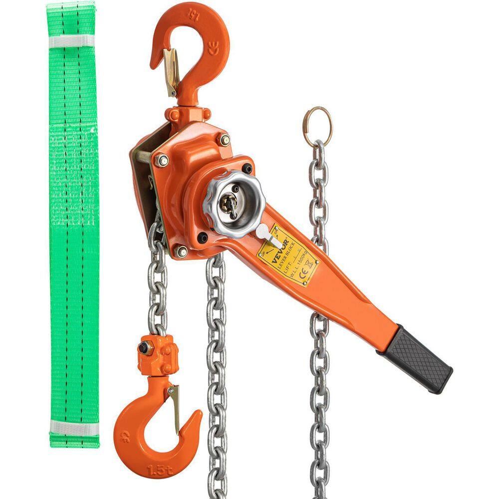VEVOR SBHLMBDDW15T6SL5NV0 1.5-Ton Lever Chain Hoist 3300 lbs. Cap Ratchet Puller with 20 ft. Lifting Height. 2 Heavy-Duty Steel Hooks with 1 Sling