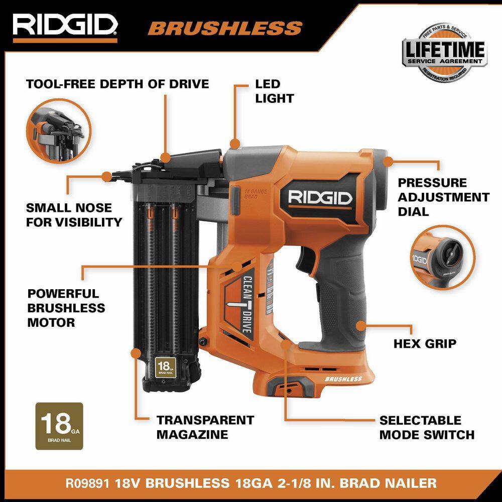 RIDGID R09891B 18V Brushless Cordless 18-Gauge 2-1/8 in. Brad Nailer (Tool Only) with CLEAN DRIVE Technology