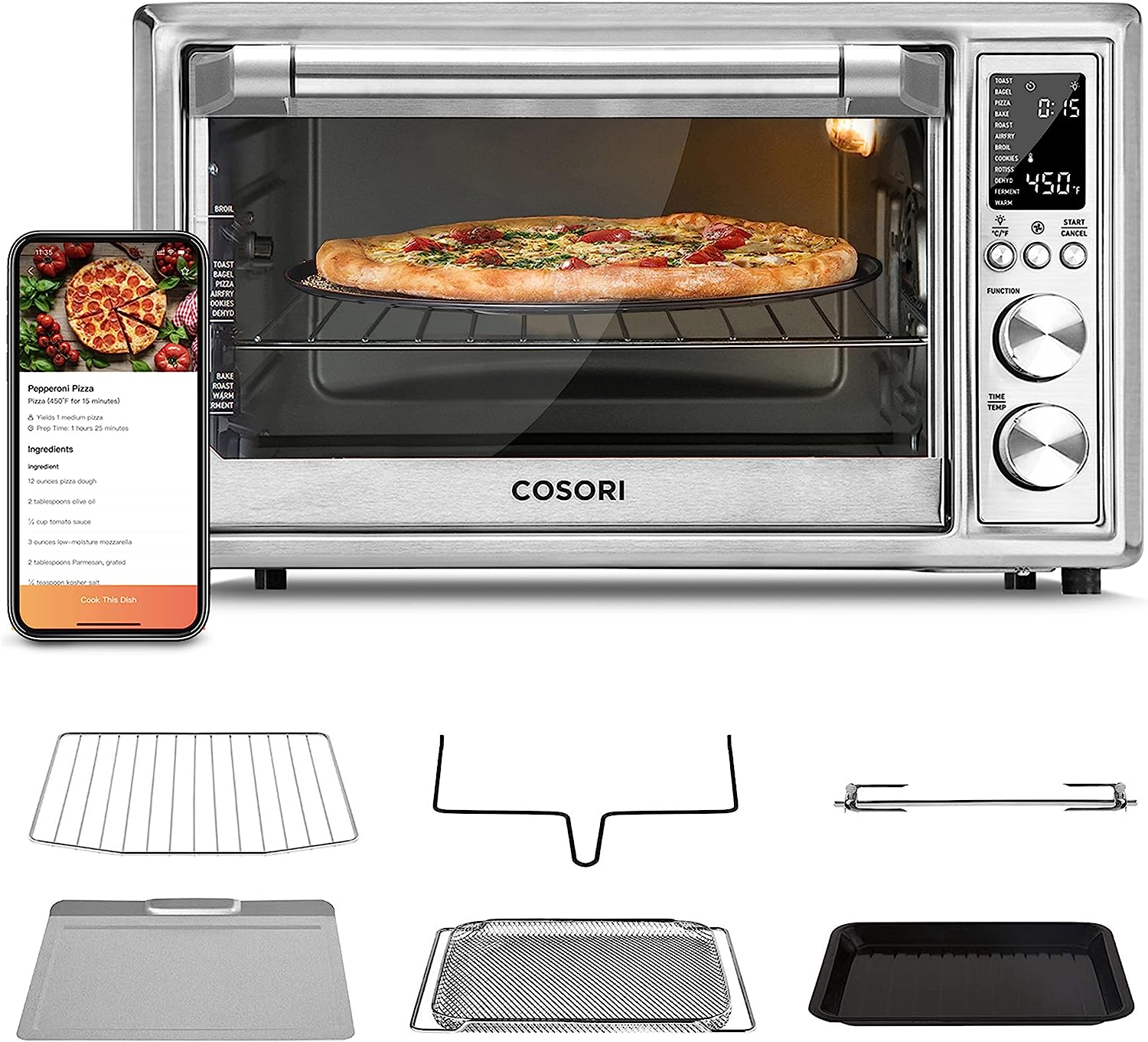 COSORI Smart 12-in-1 Air Fryer Toaster Oven Combo Convection Rotisserie & Dehydrator for Chicken. Pizza and Cookies. Recipe&Accessories Included. 30L. Silver – A Certified for Humans Device