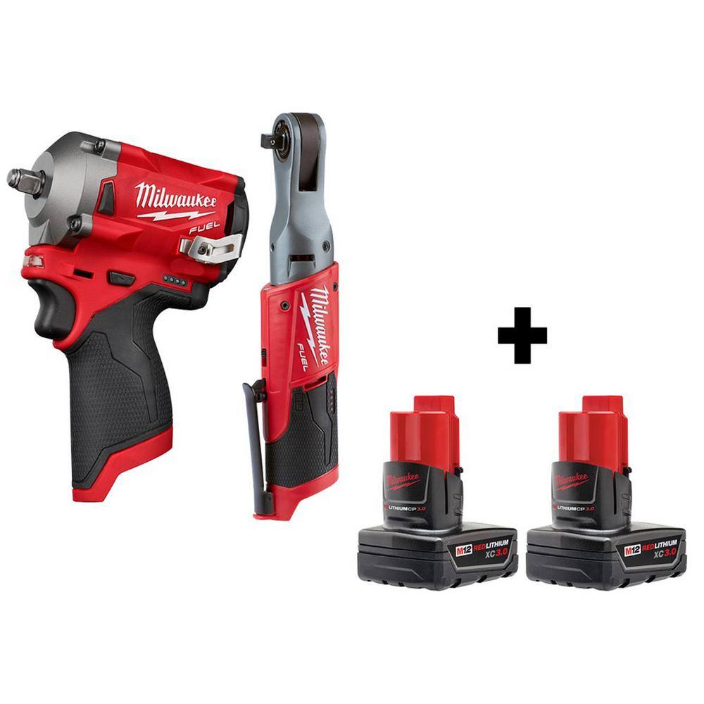 Milwaukee 2554-20-2557-20-48-11-2412 M12 FUEL 12V Lithium-Ion Brushless Cordless Stubby 3/8 in. Impact Wrench & 3/8 in. Ratchet with two 3.0 Ah Batteries