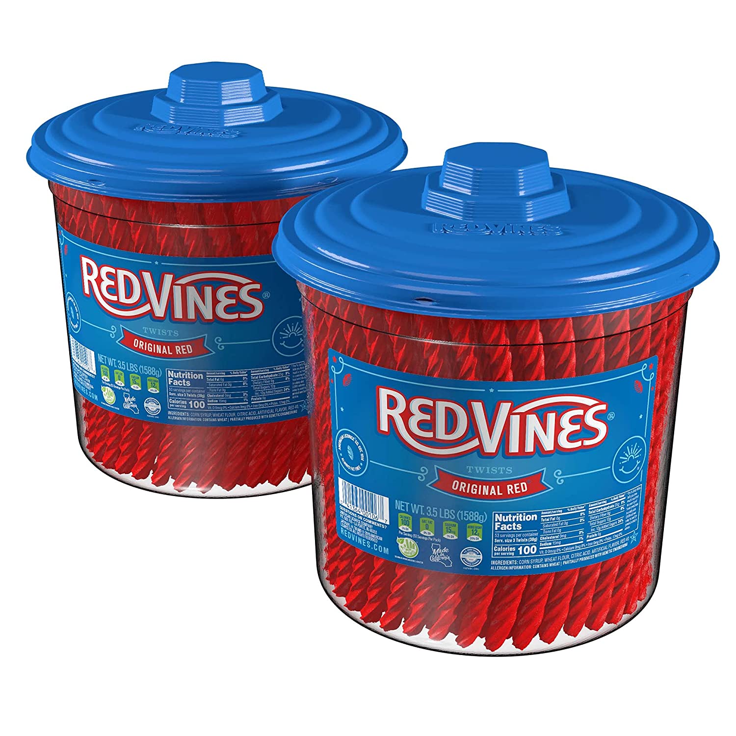 Red Vines Licorice. Original Red Flavor. Soft & Chewy Candy Twists. 56 Ounce Jar. Pack of 2