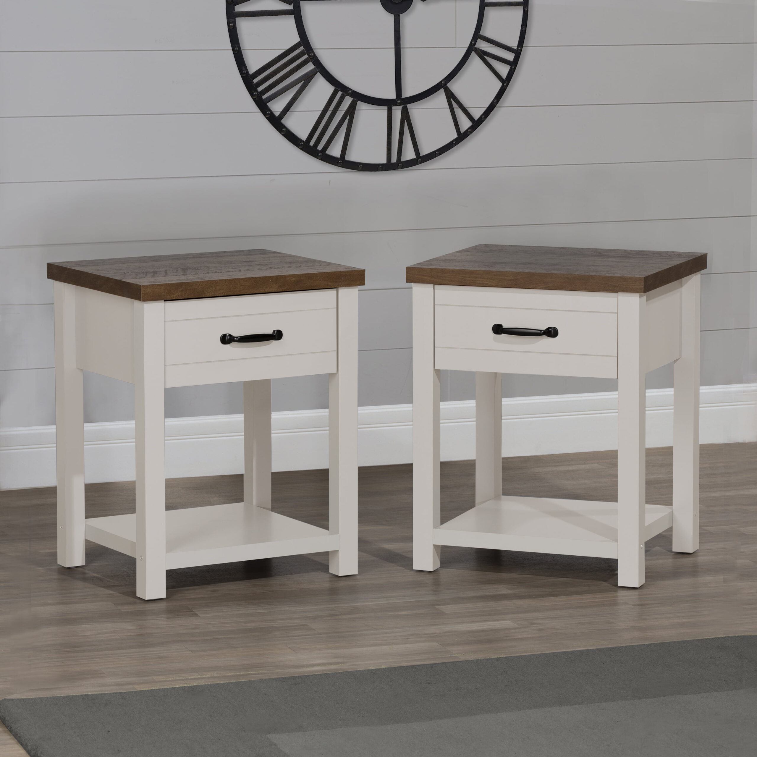 Lancaster Farmhouse Oak Top 1 Drawer Nightstand. Set of 2. Ivory