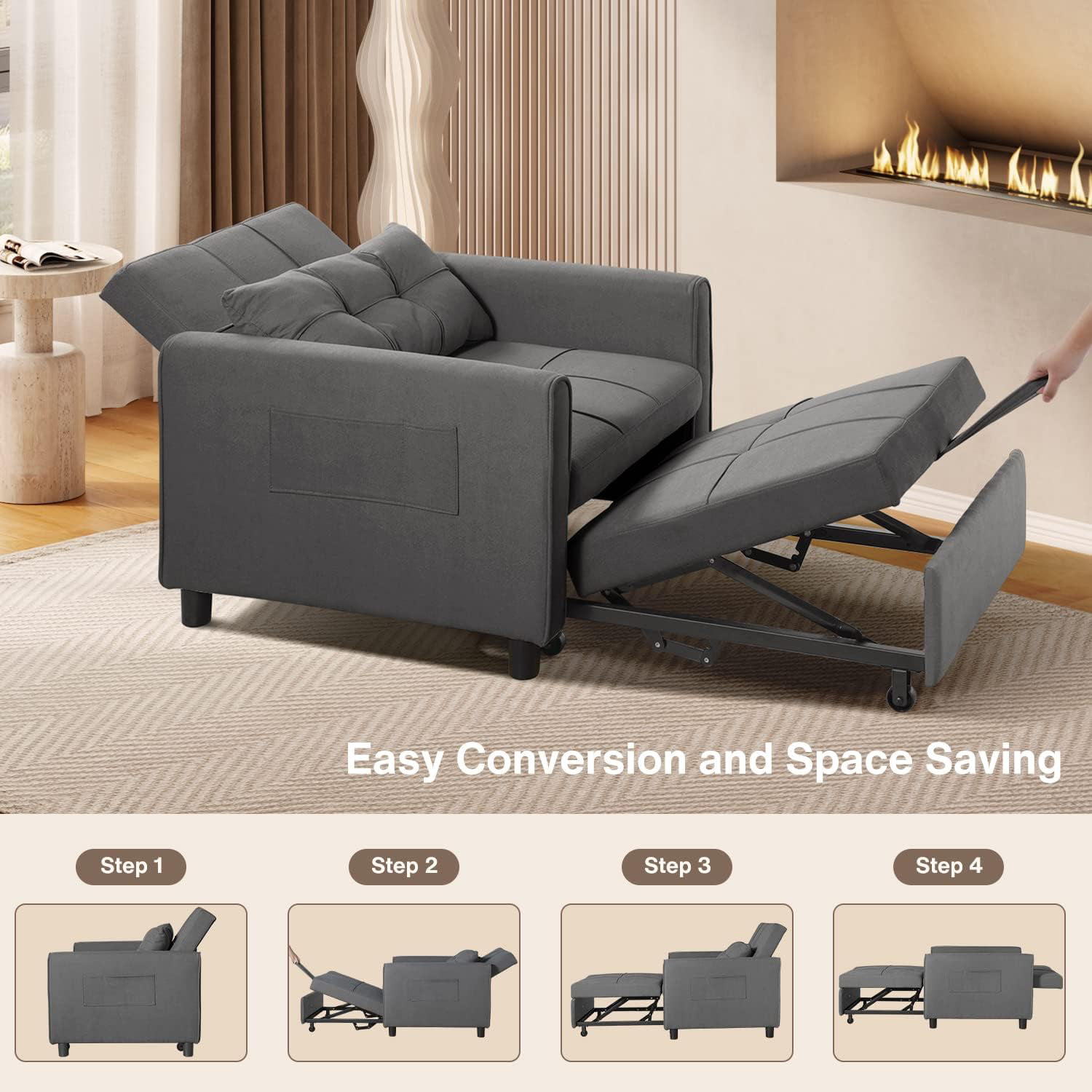 Aiho Sofa Beds Chair 3 in 1. Convertible Chair Single Bed.Dark Grey