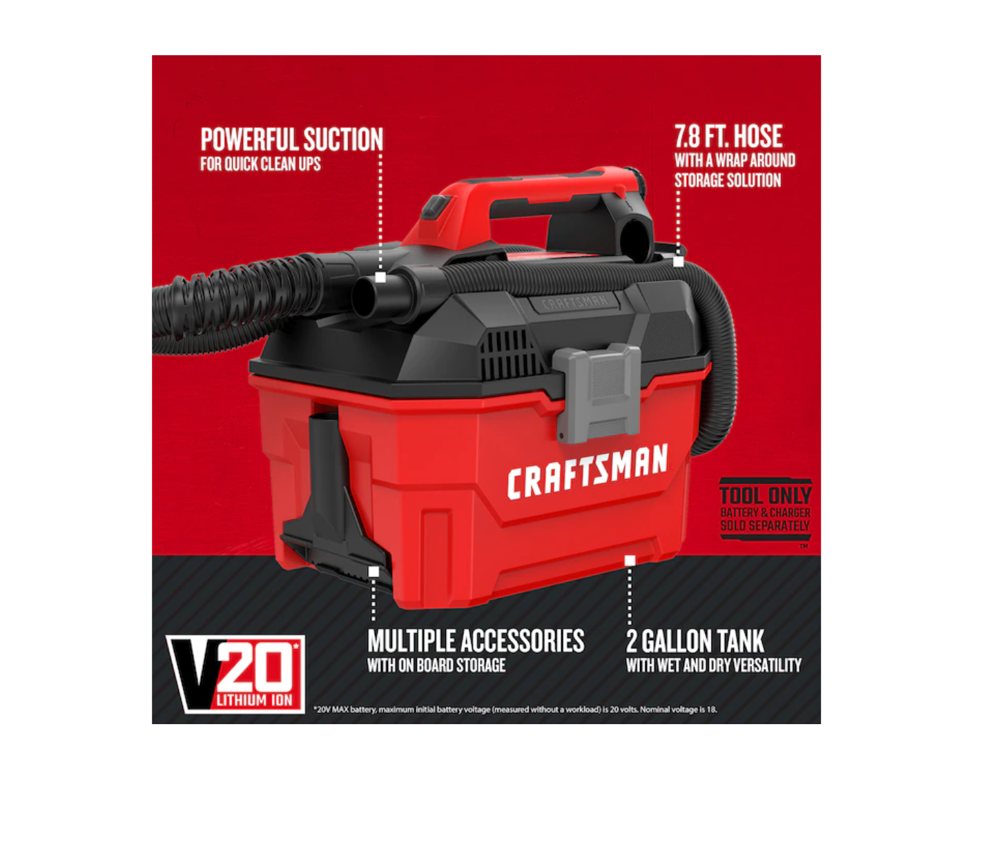 CRAFTSMAN CMCV002B V20 20-Volt Max 2-Gallon Cordless Portable Wet/Dry Shop Vacuum (Battery Not Included)