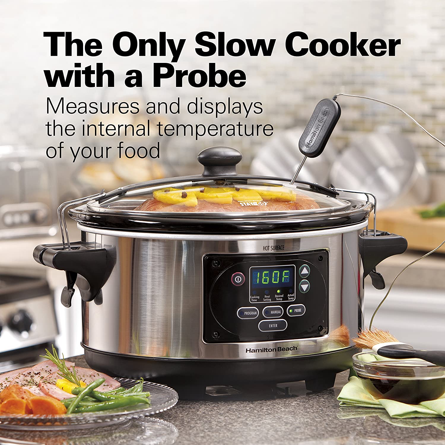 Hamilton Beach Portable 6-Quart Set & Forget Digital Programmable Slow Cooker with Lid Lock. Temperature Probe. Stainless Steel