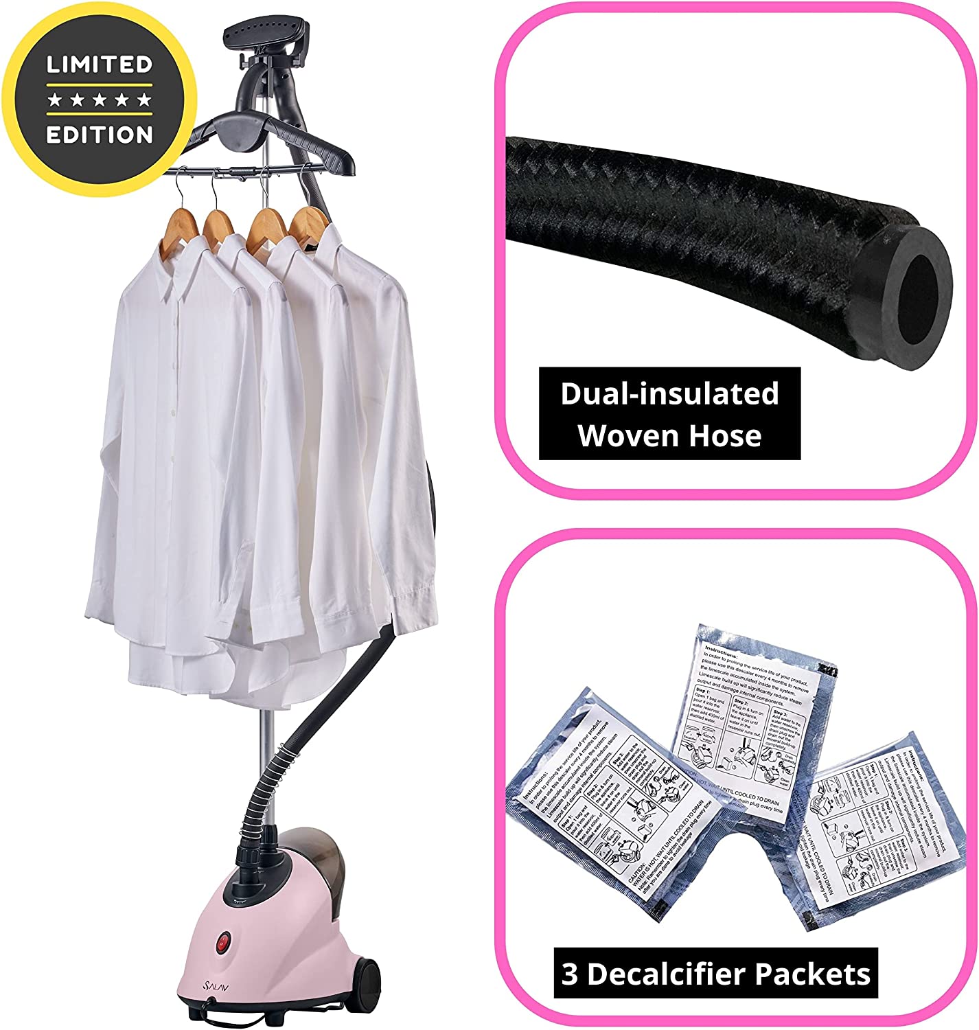 SALAV. PINK LIMITED EDITION Upright Garment Steamer with Roll Wheels For Easy Movement. 1.8L Water Tank for 1 Hour Continuous Steaming. Adjustable Pole for Storage. 1500 watts GS18-DJ