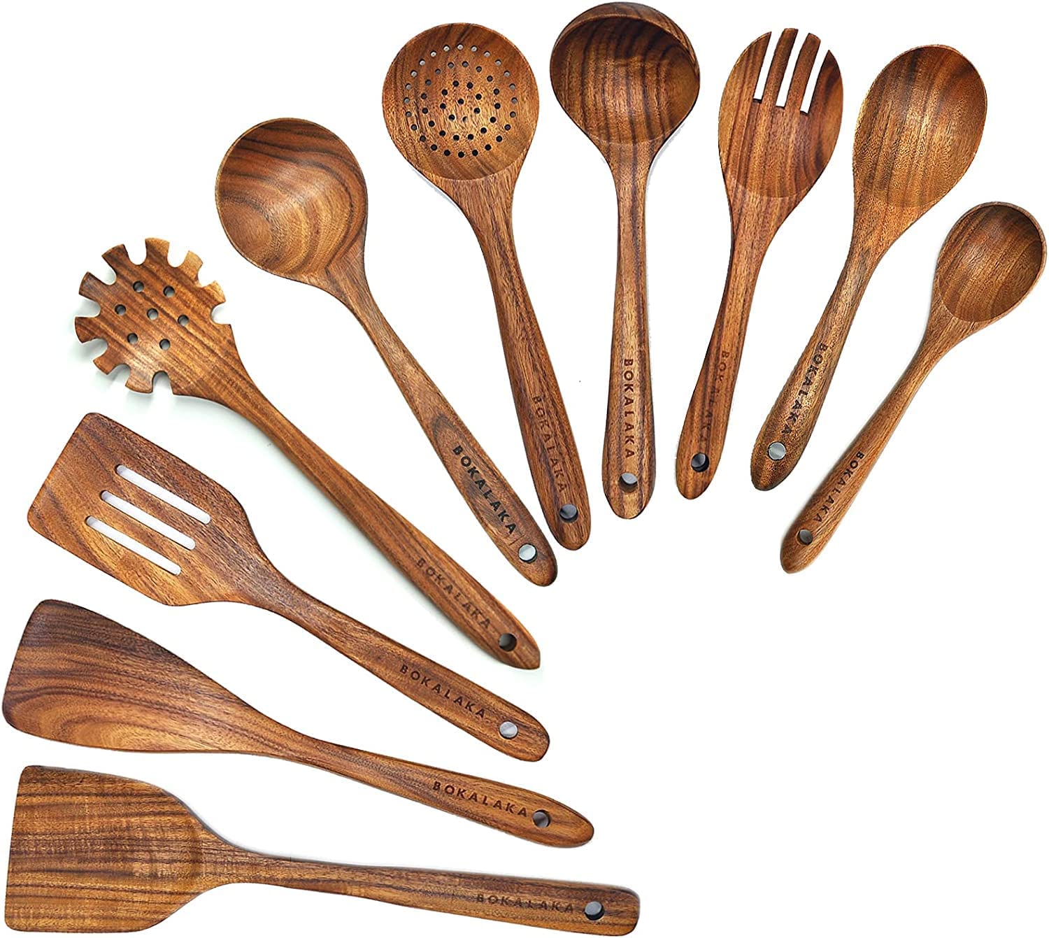BOKALAKA Wooden Spoons for Cooking.10 Pcs Natural Teak Wooden Kitchen Utensils Set Wooden Utensils for Cooking Wooden Cooking Utensils Wooden Spatulas for Cooking