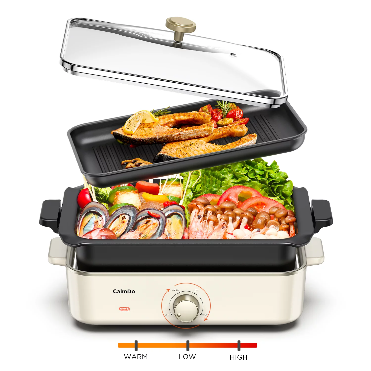 CalmDo Electric Skillet Grill Combo. 1400W Multi-functional 3 in 1 Griddle with Tempered Glass Vented Lid. Adjustable Temperature. White