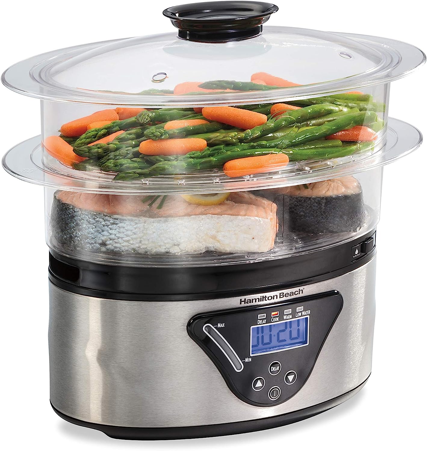 Hamilton Beach Digital Electric Food Steamer & Rice Cooker for Quick. Healthy Cooking for Vegetables and Seafood. Stackable Two-Tier Bowls. 5.5 Quart. Black & Stainless Steel