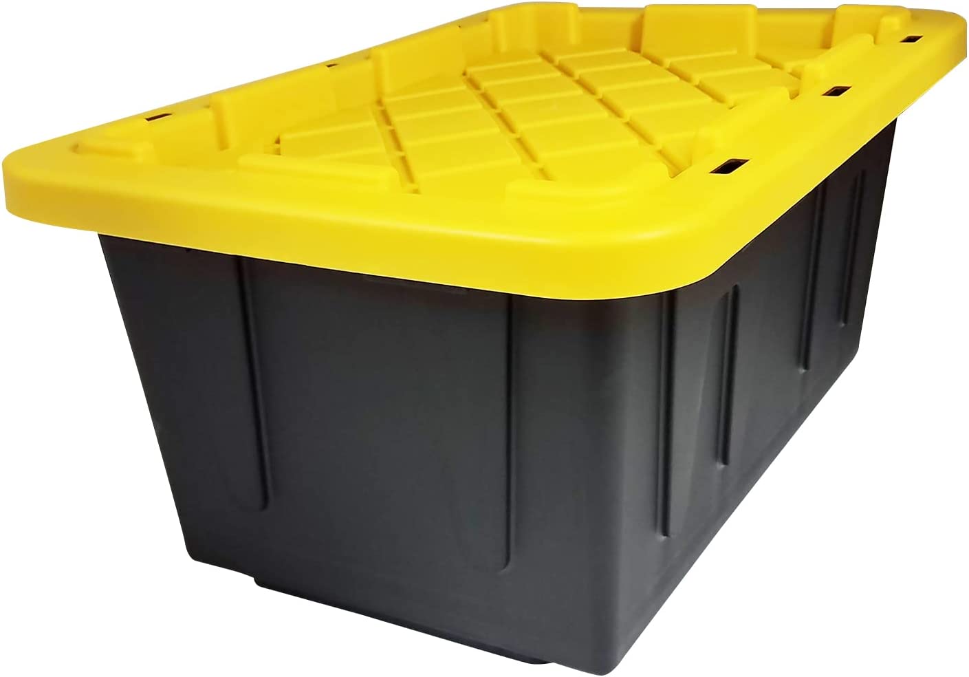 HOMZ 15 Gallon Durabilt Storage Bins. Pack of 2 Heavy Duty Plastic Containers. Secure Snap Lids. 6 Hasp Areas for Tie-Down Straps or Locks. Stackable. Nestable. Organizing Totes
