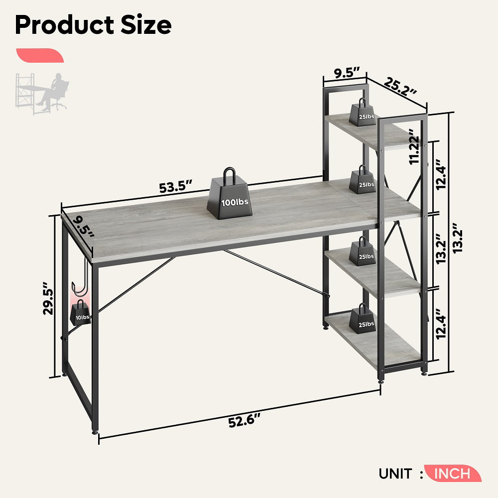 Bestier 63 inch Computer Desk with Storage Shelves. Modern Bookshelf with Headphone Hook. Light Grey
