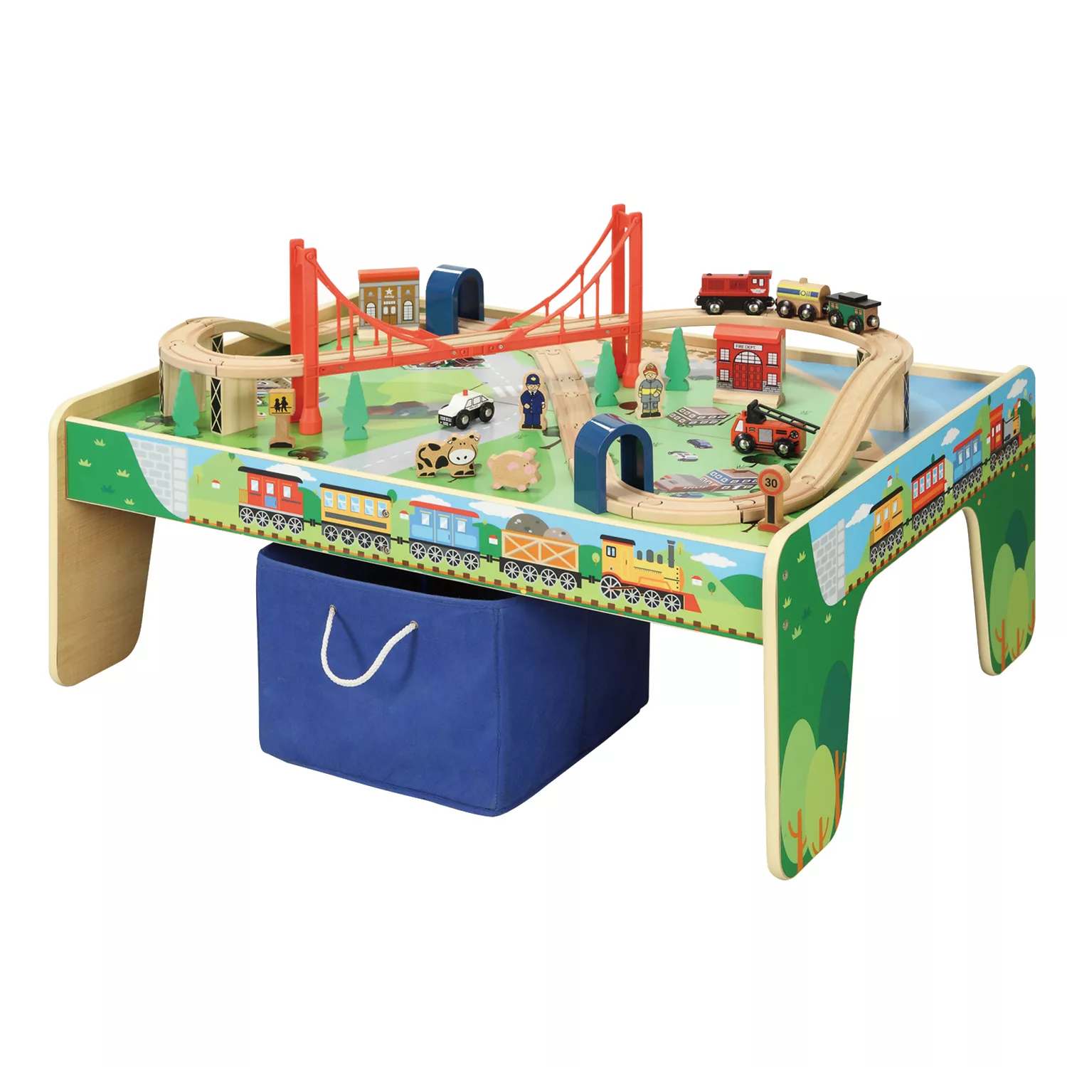 50 Piece Wooden Train Set with Activity Table & Storage Bin - 100% Hardwood Track. Engine. Oil Tanker. Caboose. Fire Engine. Station. Policeman. Farm Animals. Compatible with All Major Brands