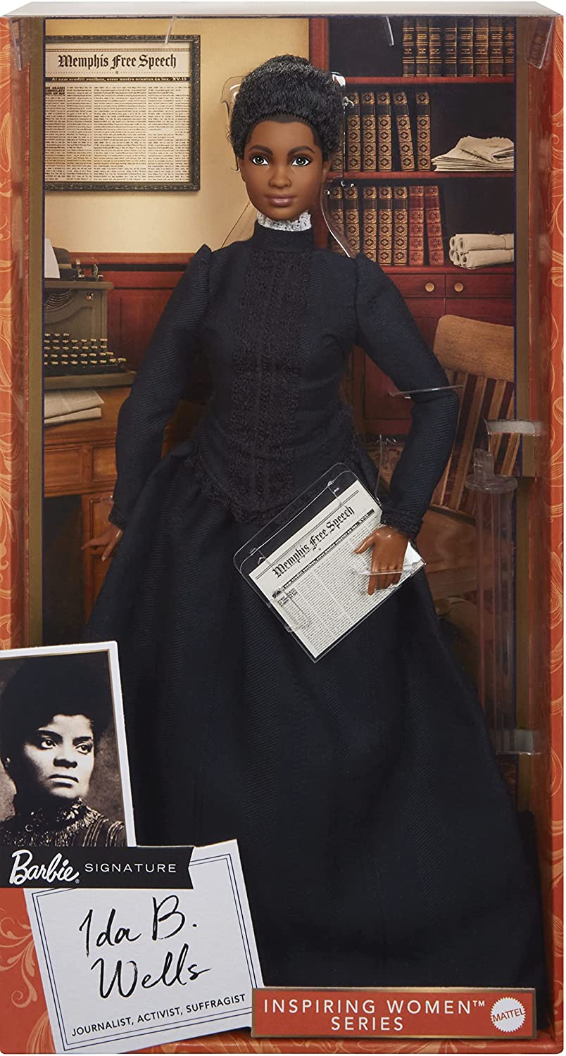Ida B. Wells Barbie Inspiring Women Doll Wearing Blue Dress. with Newspaper Accessory