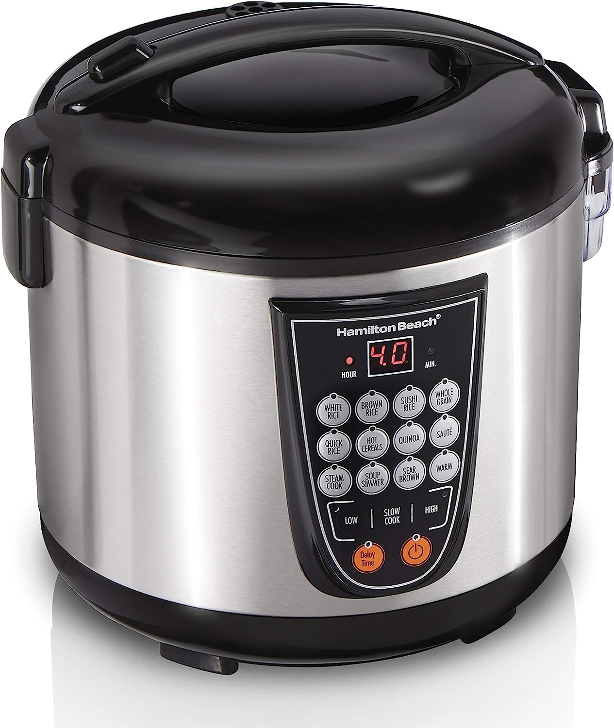 Hamilton Beach Digital Programmable Rice and Slow Cooker & Food Steamer. 20 Cups Cooked (10 Cups Uncooked). 14 Pre-Programmed Settings for Sear Saute. Hot Cereal. Soup. Nonstick Pot. Stainless Steel