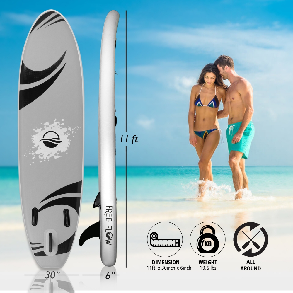 SereneLife 11 Foot Free Flow Inflatable SUP Stand Up Paddle Board Kit. White