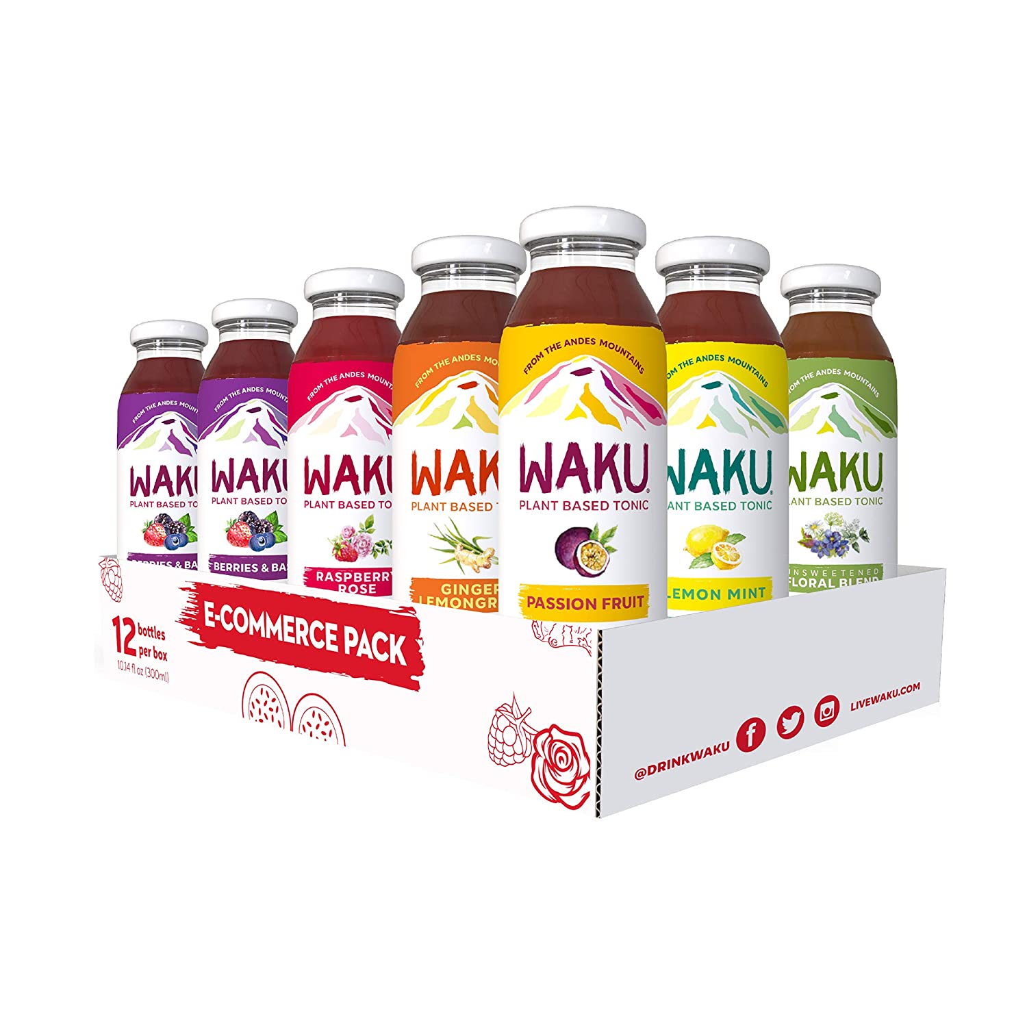 Waku. Unsweetened Raspberry Rose. Herbal Iced Tea. 12 Pack. 10 oz Bottles