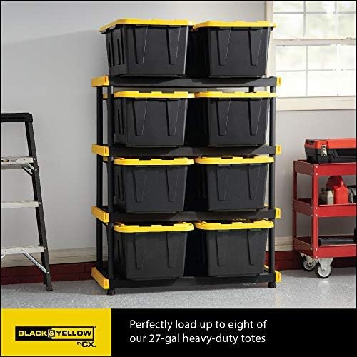 CX Black & Yellow. 4-Tier Heavy Duty Plastic Storage Shelving Unit. 200lbs/shelf (55H x 48W x 20D). for Indoor/Outdoor Organization. Modular Rack