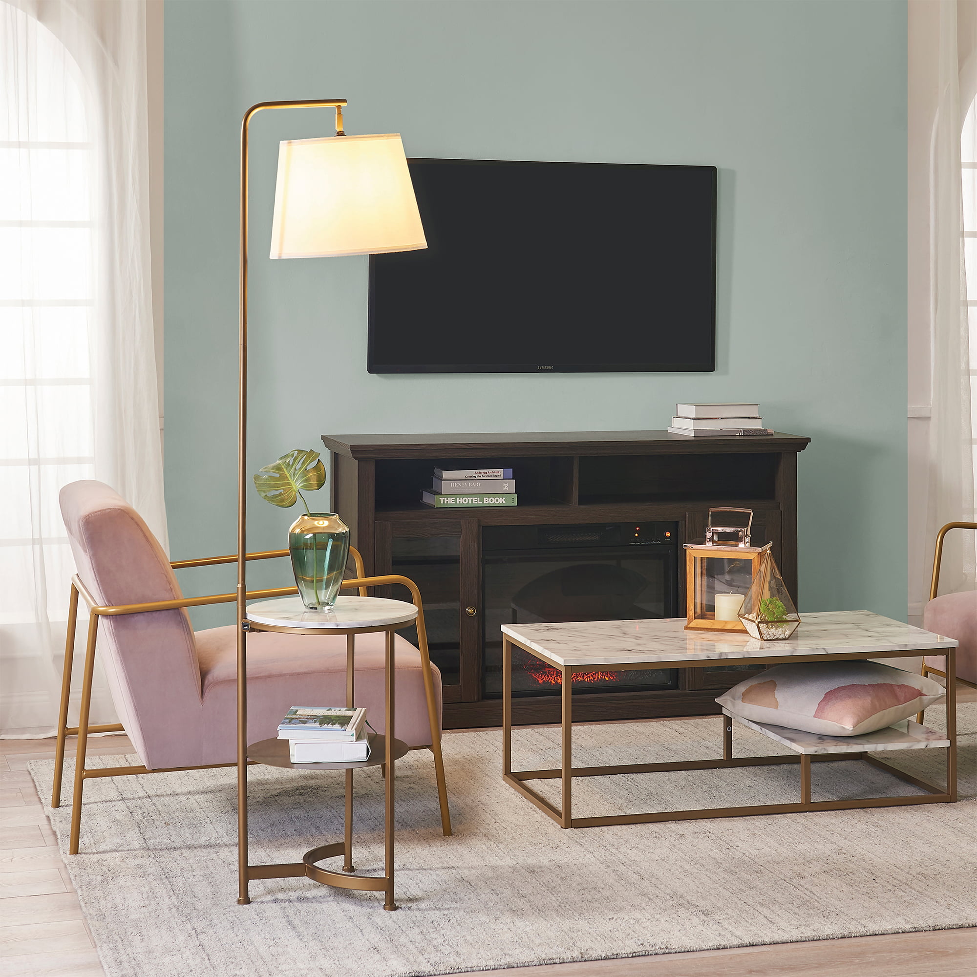 Teamson Home Lilah Floor Lamp with Faux Marble Tray Table and Built-In USB Port. White/Brass