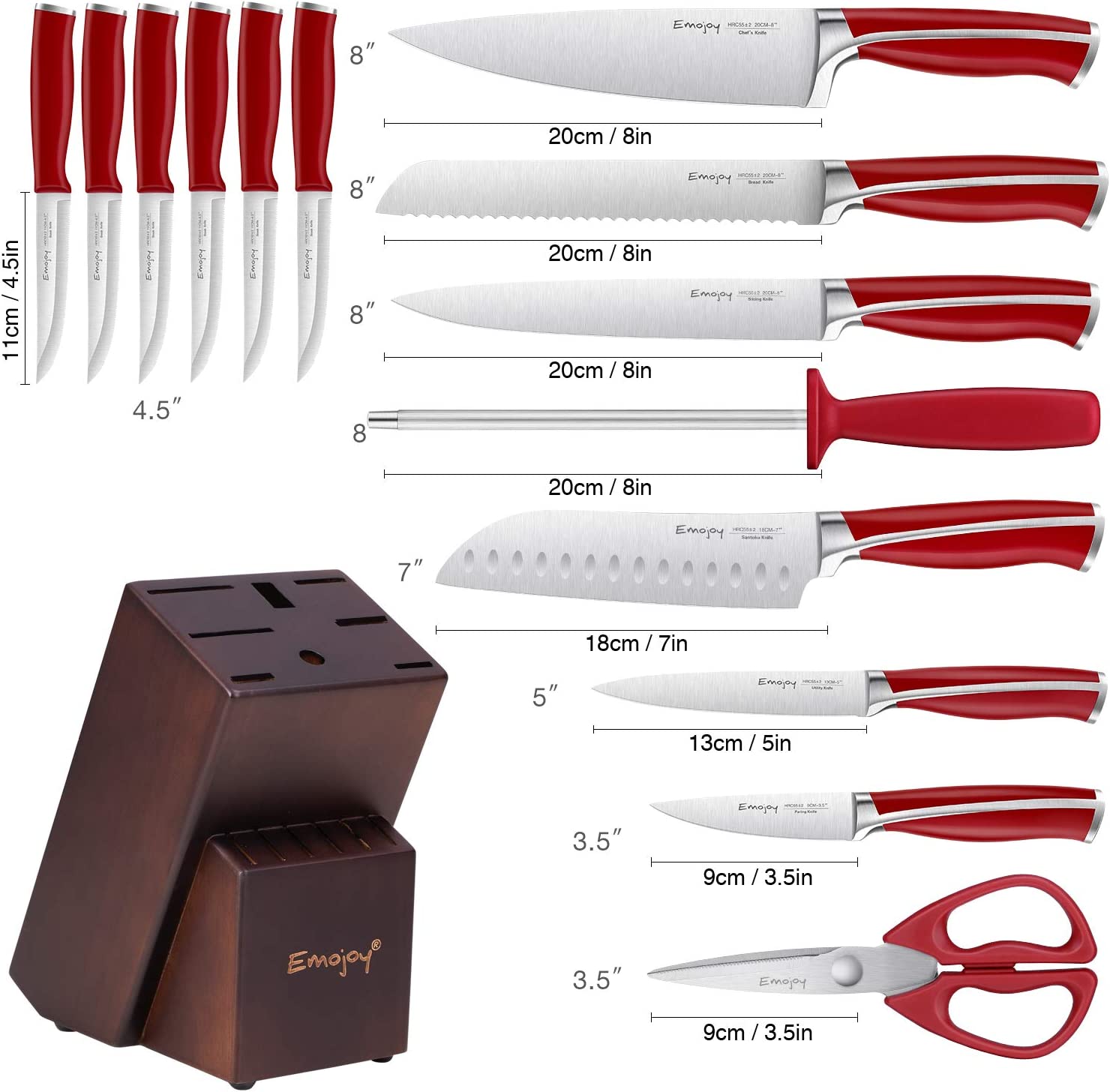 Knife Set. Emojoy 15 Piece Kitchen Knife Set with Block Wooden. German Stainless Steel Sharp Chef Knife Set with Sharpener. dishwasher safe and rust proof. Red