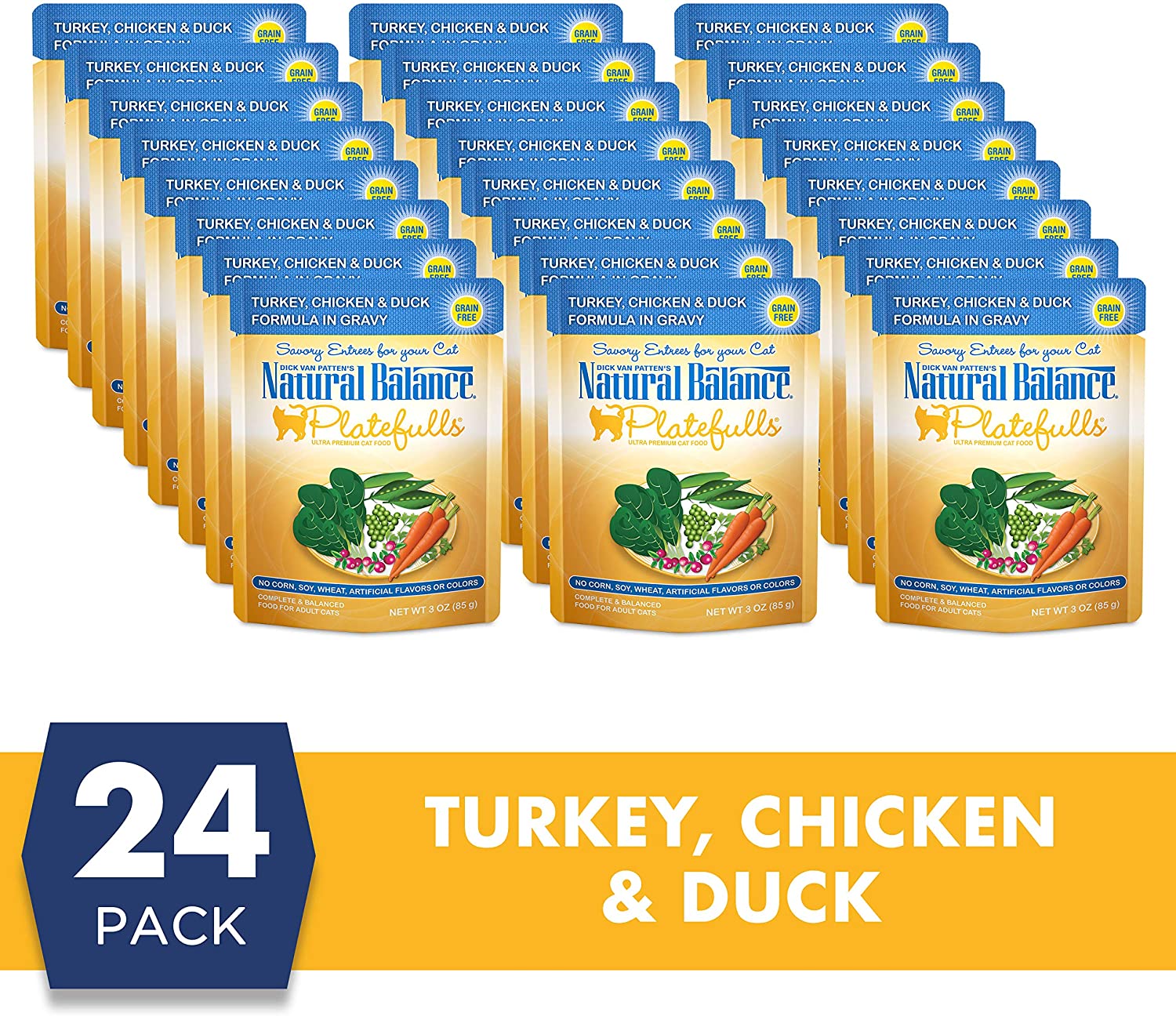 Natural Balance Platefulls Turkey. Chicken & Duck Formula in Gravy Grain-Free Cat Food Pouches 3-oz pouch case of 24
