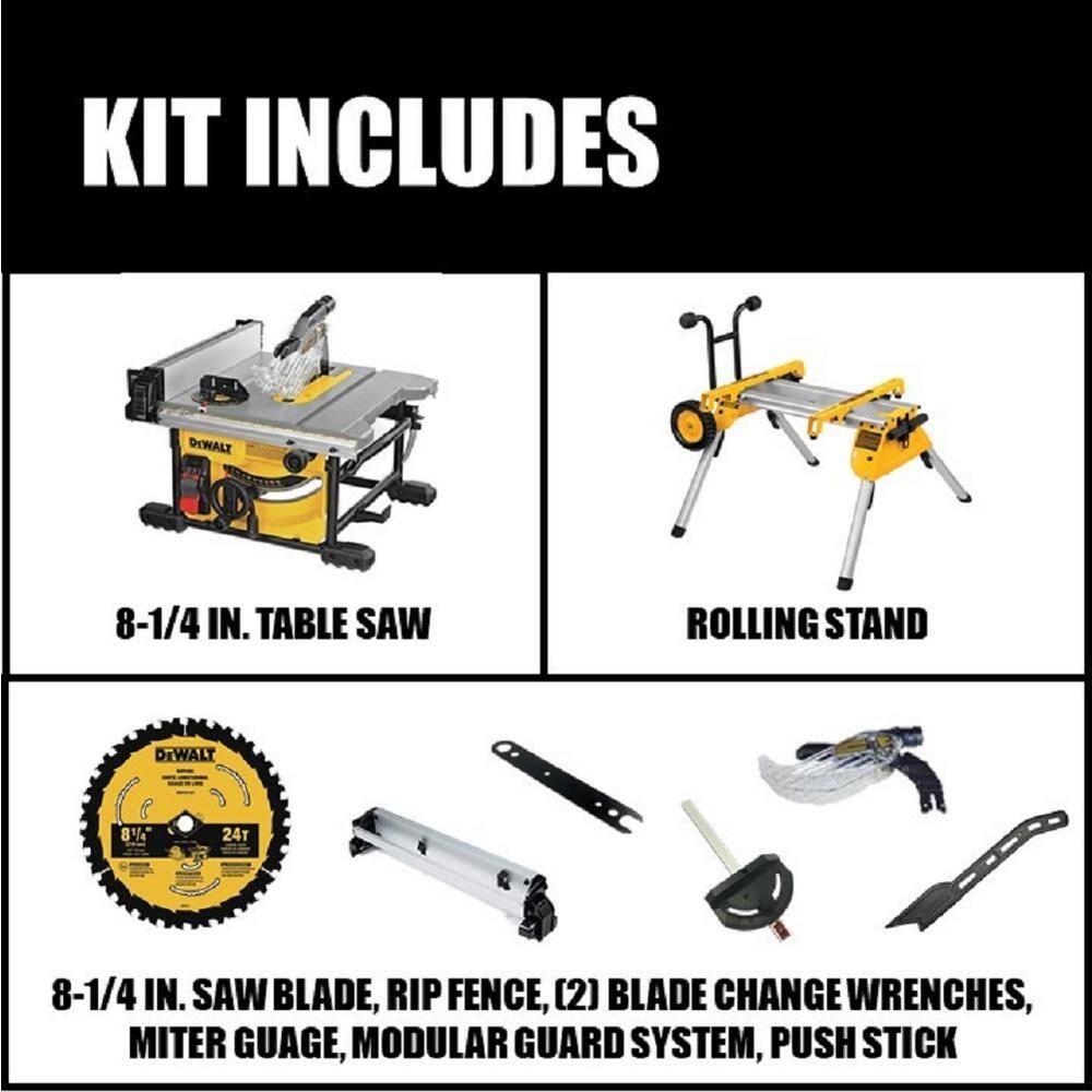DEWALT DWE7485W7440 15 Amp Corded 8-1/4 in. Compact Jobsite Table Saw and Heavy-Duty Rolling Table Saw Stand