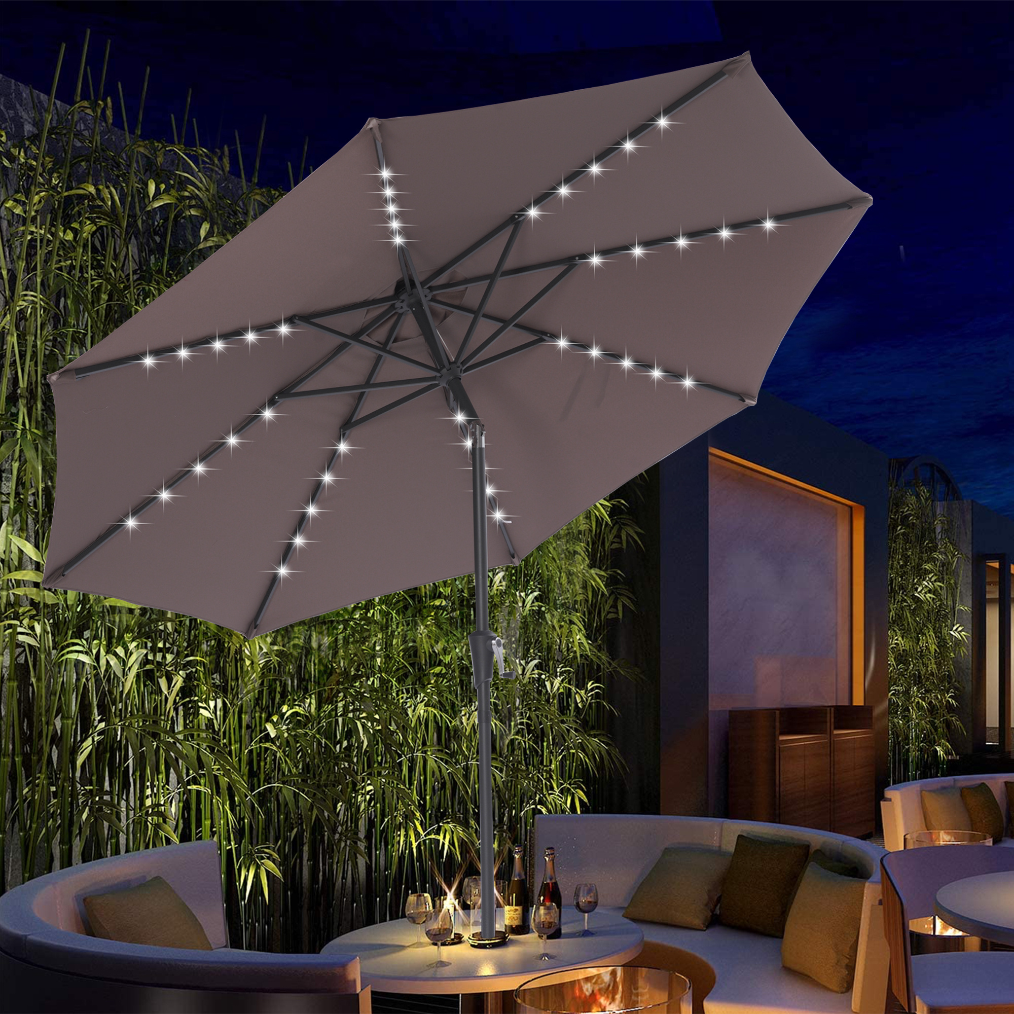 9Ft Patio Umbrella Outdoor Solar Powered LED Lighted Umbrella With Tilt And Crank For Garden.Deck.Backyard.Pool