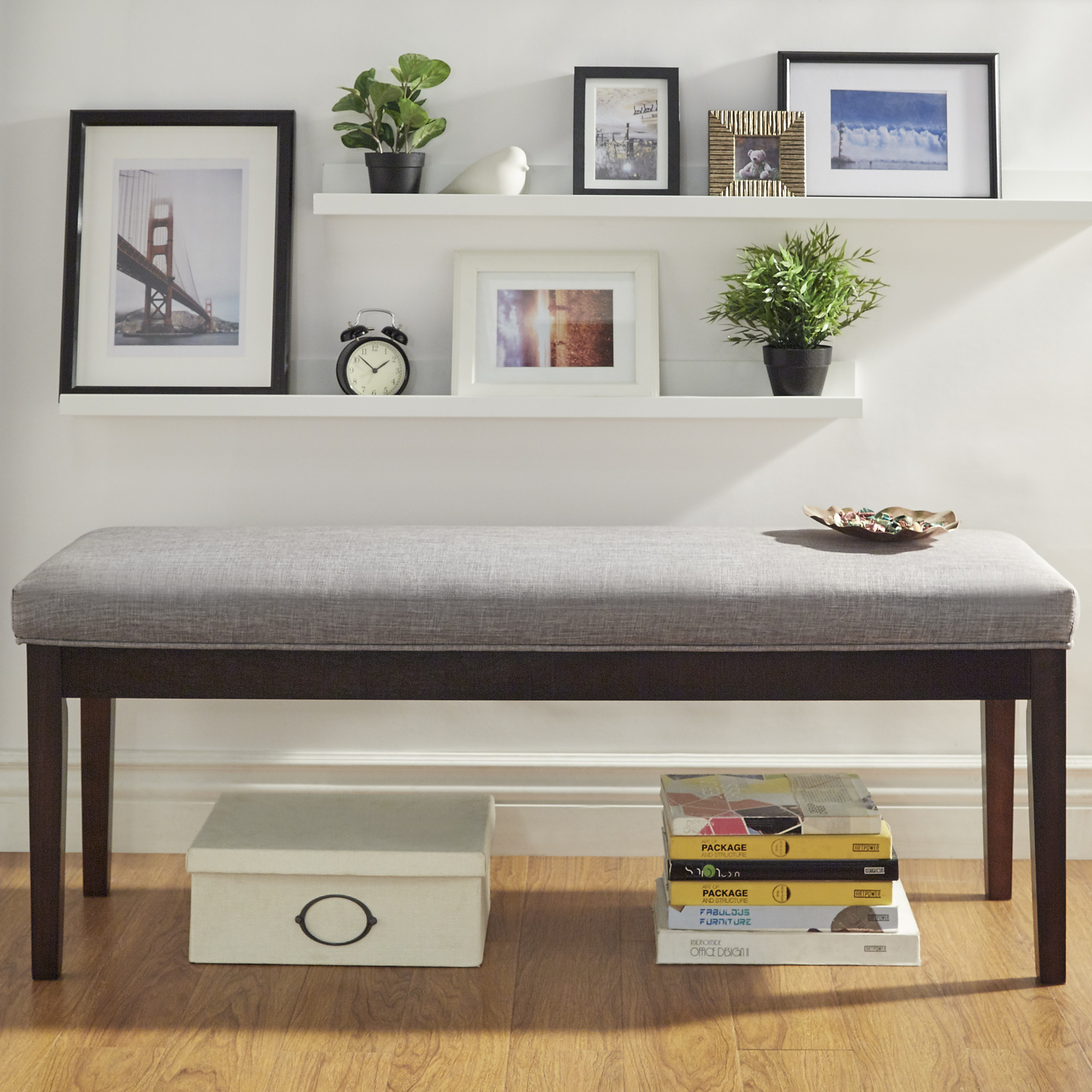 Chelsea Lane Espresso Wood Linen Upholstered Bench. Light Gray