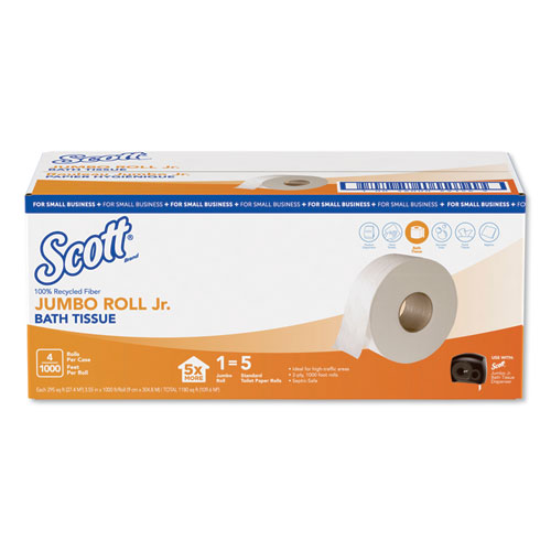 Scott Essential 100% Recycled Fiber Jrt Bathroom Tissue. Septic Safe. 2-Ply. White. 1000 Ft. 4 Rolls/carton | Bundle of 2 Cartons